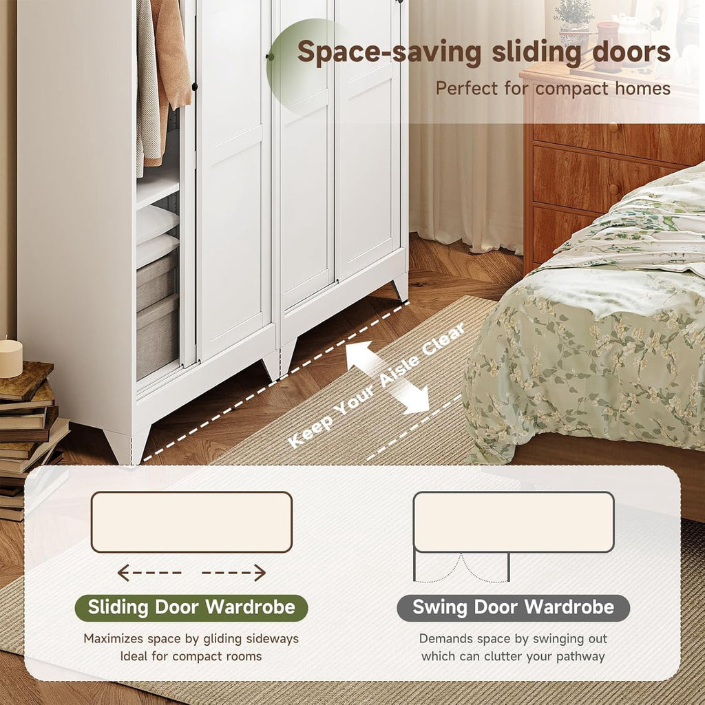 Wardrobe Closet,20 Deep Armoire Wardrobe Cabinets with Sliding Doors and Shelves,Narrow Slim Coat Closet Cabinet with Hanging Rod for Home (White)