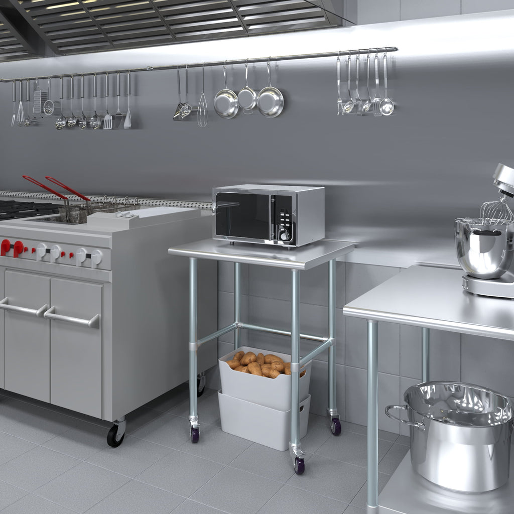 AmGood 36 Long x 30 Deep Stainless-Steel Work Table with Open Base and Wheels, Mobile Metal Table