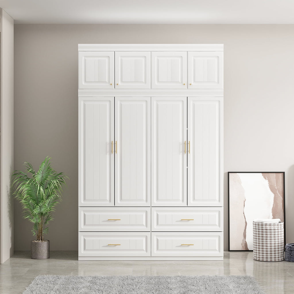 KULAGAGA 4-Door White Armoire, 63 Wide Wardrobe Storage Cabinet with Shelves and Drawers for Bedroom,74.4 H