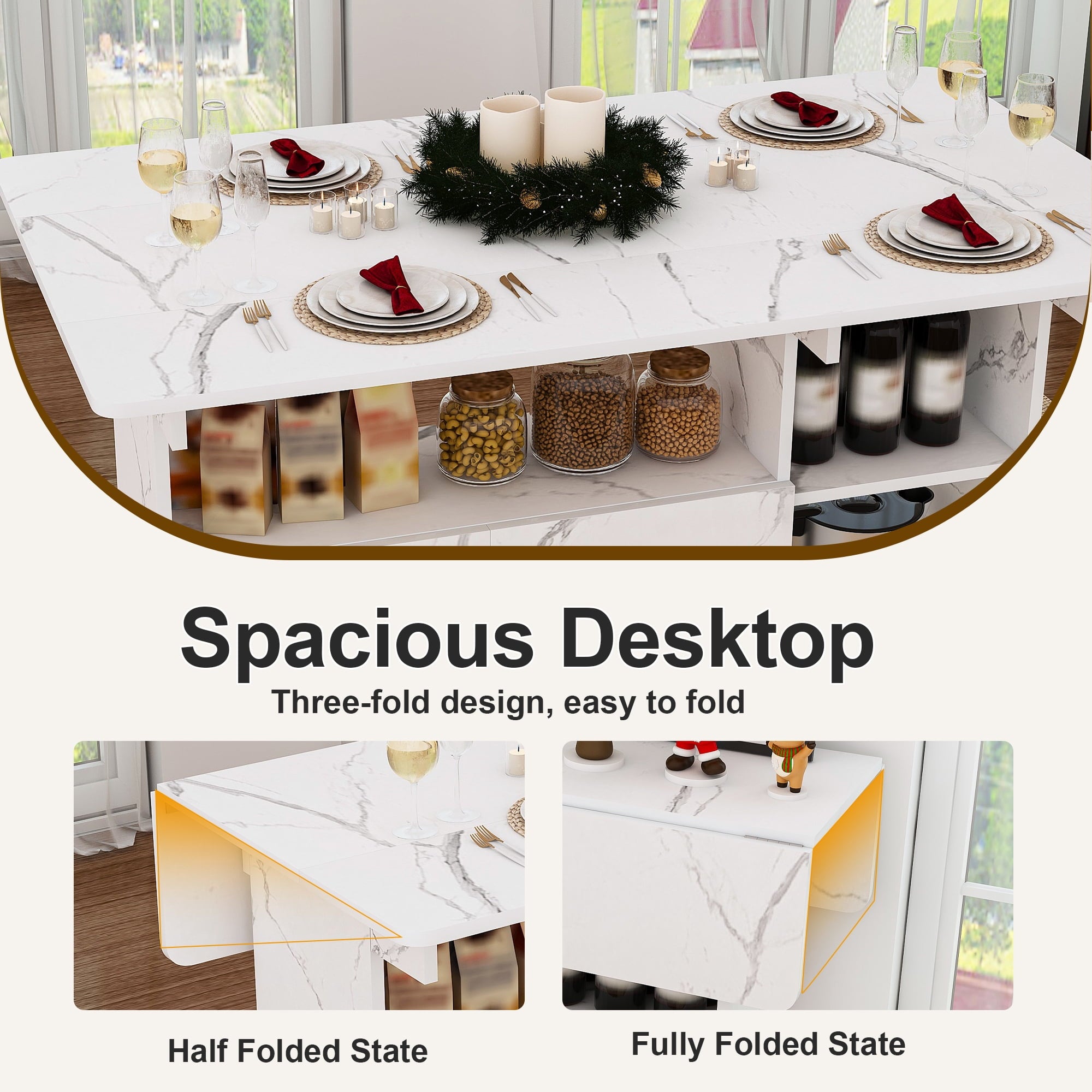 Wohh 47 Inch Folding Dining Table with Storage Shelves & Wheels, Multifunctional Kitchen Desk for Small Spaces, Compact Mobile Computer Desk for Home Office, Dorm, Adjustable Foldable Study Table