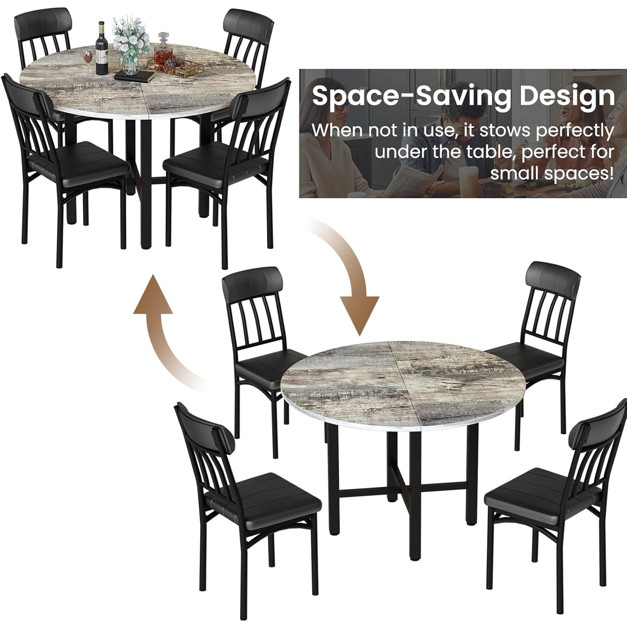 LinkRomat Round Dining Table Set for 4, Modern Dining Room Sets with 4 Faux Leather Chairs, Kitchen Dinner Wooden Table & Chair Set for Small Space, Grey