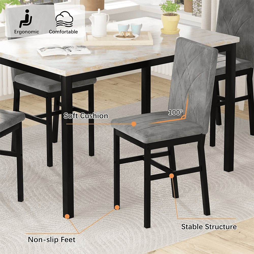 LinkRomat 5-Piece Faux Marble Dining Table Set for 4, Modern Kitchen Table with Chairs, Dinette Dining Room Furniture Set for Compact Space Saving