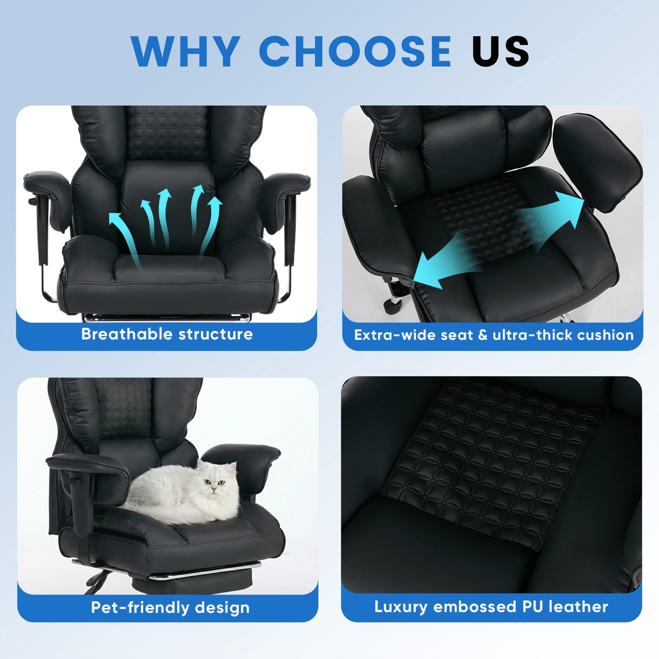 edx Executive Home Office Desk Chair, Ergonomic Big Tall High Back with Footrest & Lumbar Support, Reclining Comfy PU Leather Computer Gaming Chair with Swivel Wheels, Height Adjustable, Black