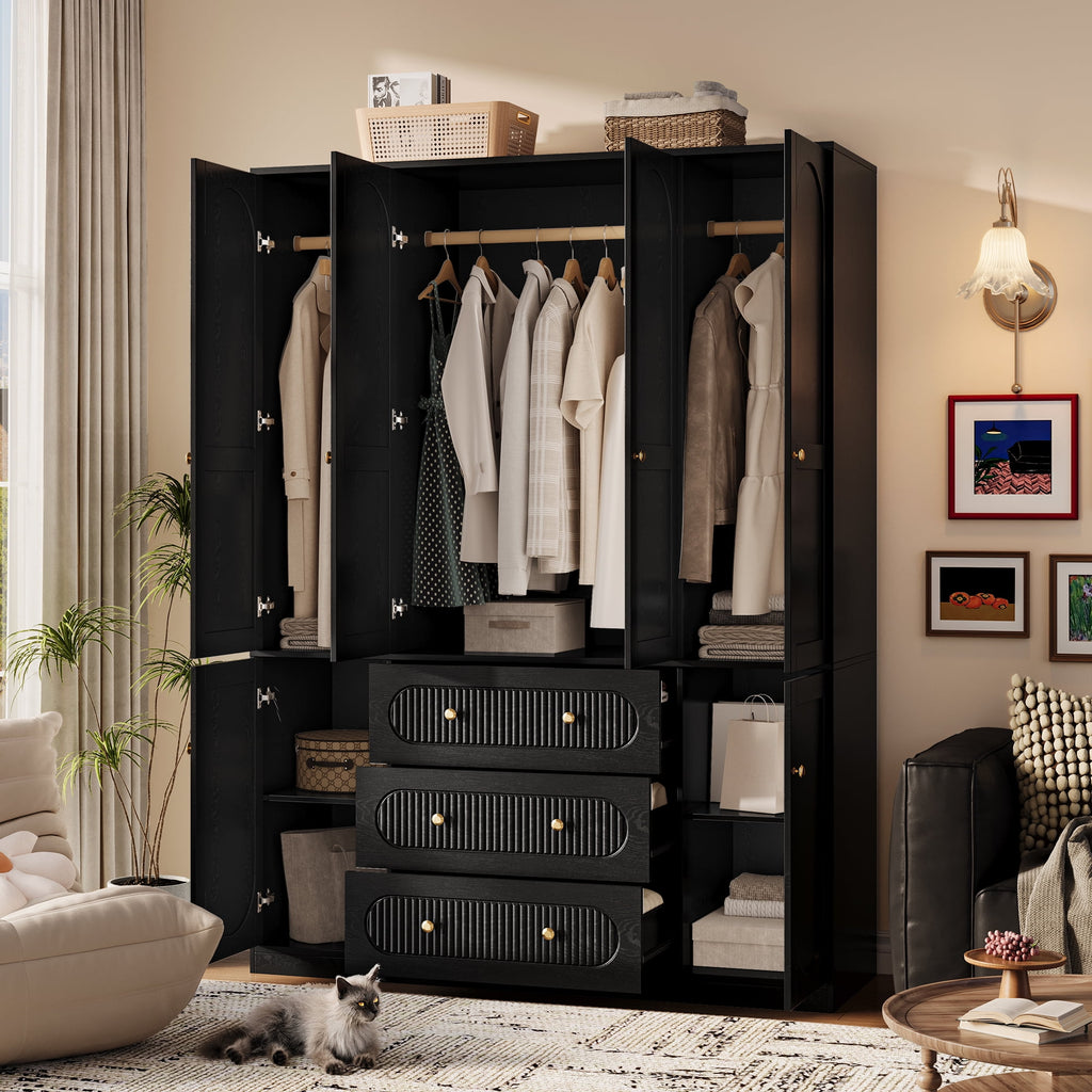 UGTOO 72H 4-Door Wardrobe Armoire with 3 Hanging Rods & 3 Drawers – Black Wooden Closet Storage Cabinet, Large Capacity Freestanding Clothes Organizer for Bedroom