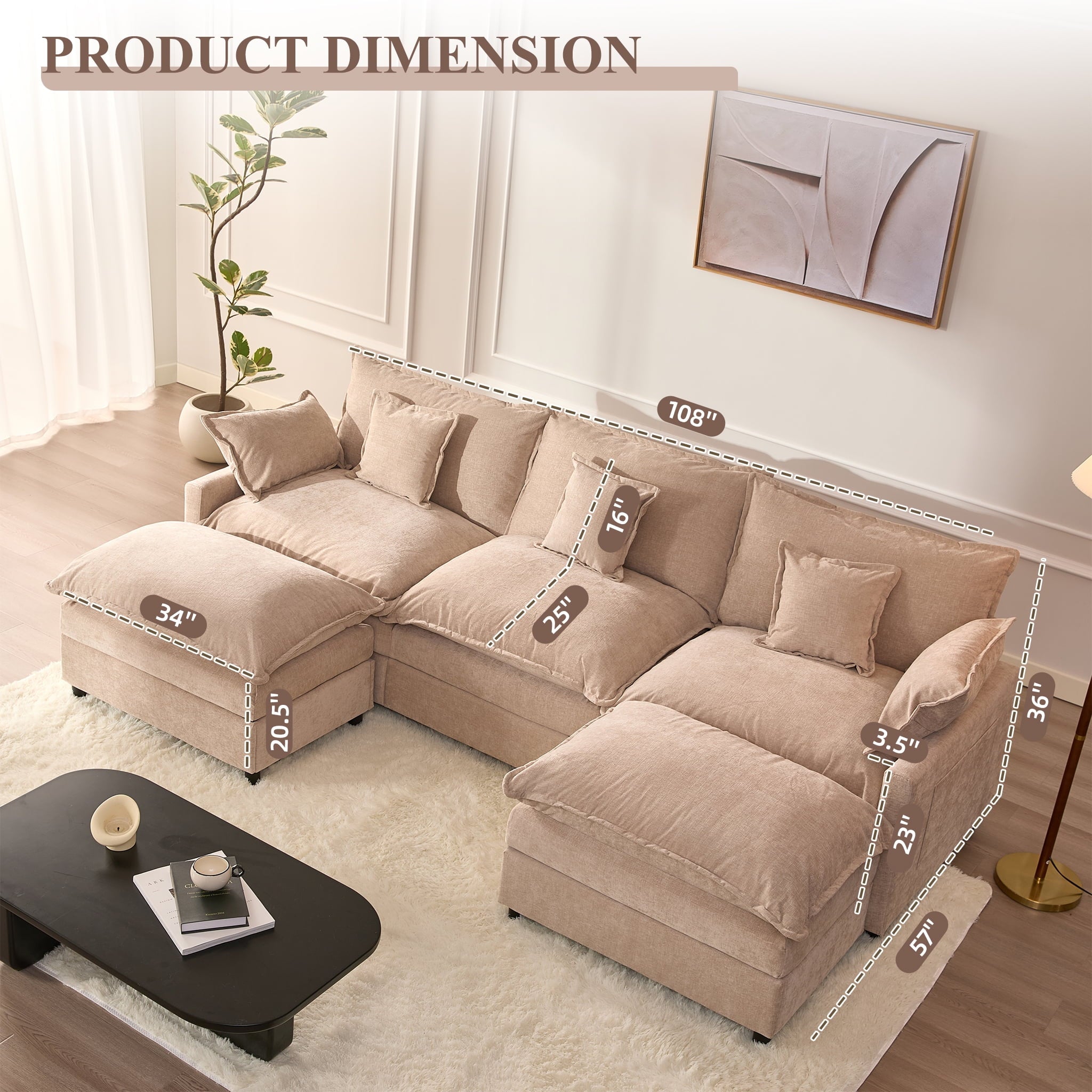 LAKPS 3-Seat Sectional Sofa Couch, Cloud-Style Deep Seating Sleeper Sofa with Included Throw Pillows, Linen Upholstery, Modern Living Room Sofa, Cream White