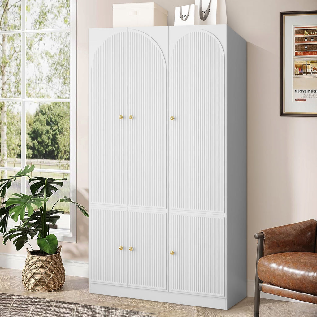 Wirrytor Freestanding Wooden Armoire Wardrobe with 2 Woven Doors and Storage Drawers, Space-Saving Closet Cabinet for Bedroom, Sturdy Mdf Board Closet with Hanging Rail
