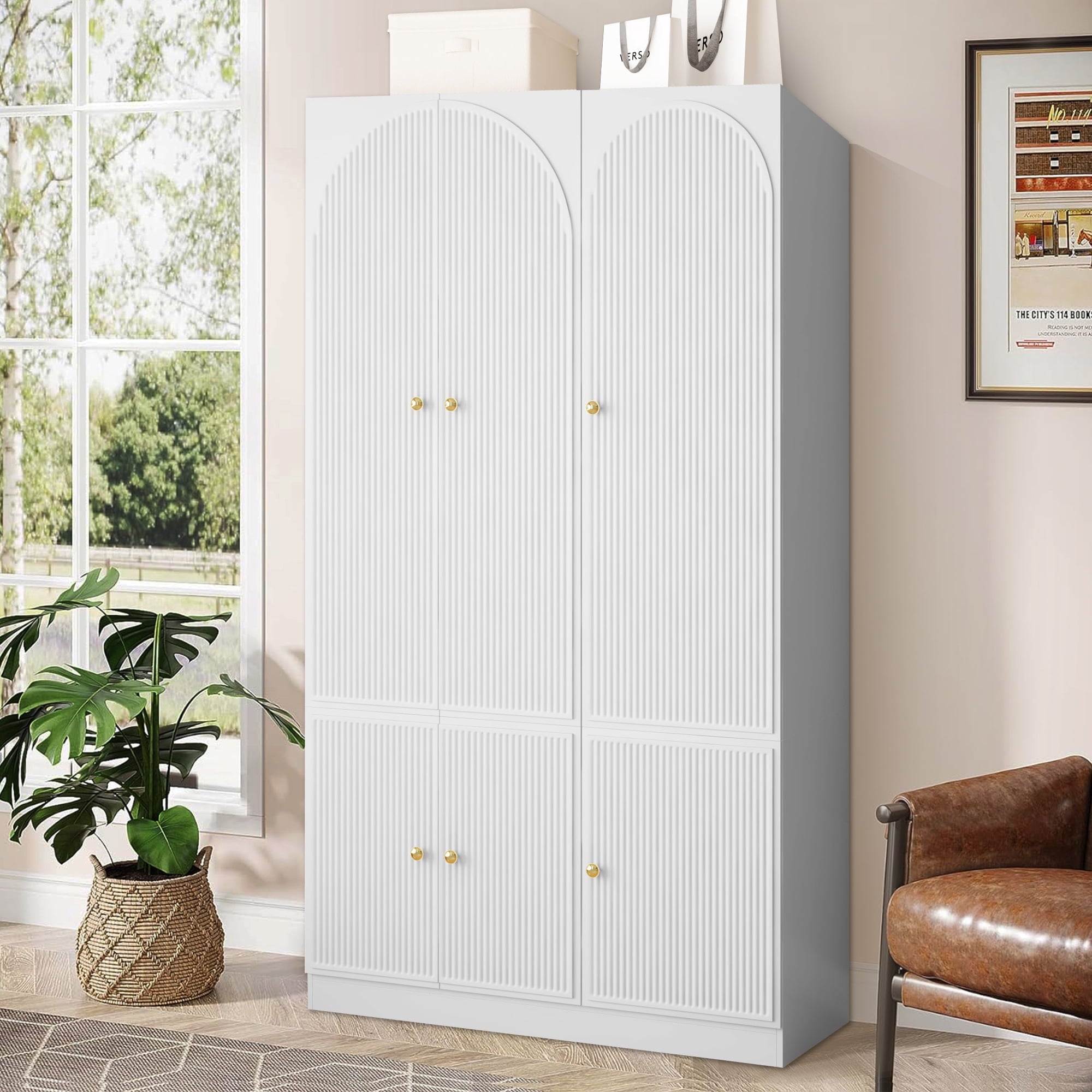 Wirrytor Freestanding Wooden Armoire Wardrobe with 2 Woven Doors and Storage Drawers, Space-Saving Closet Cabinet for Bedroom, Sturdy Mdf Board Closet with Hanging Rail
