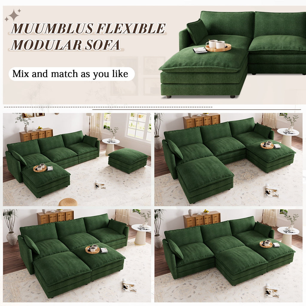 Muumblus Sectional Sofa Cloud Couch with Reversible Ottoman, L-Shaped Chenille Sofa for Living Rooms, Beige