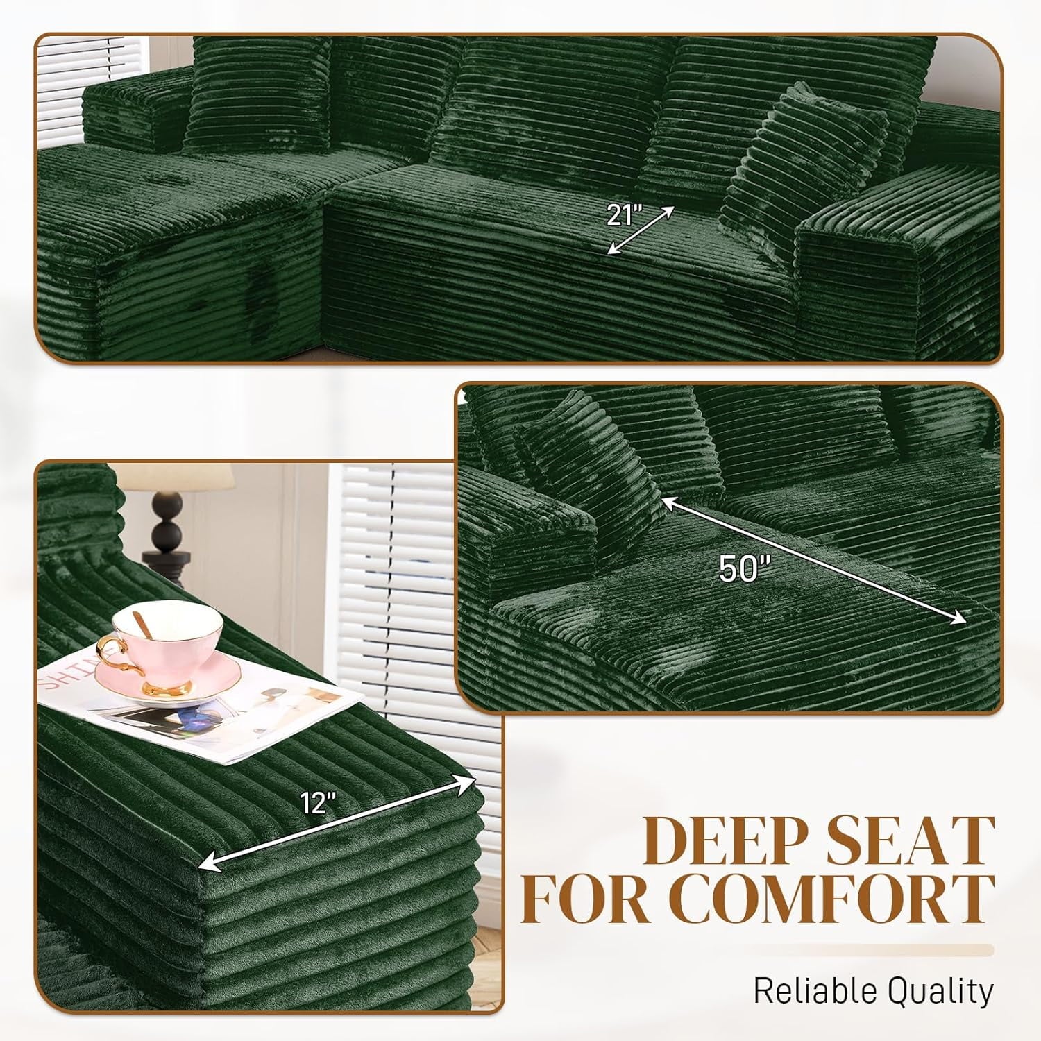 LLappuil 108 Sectional Sofa, Modular Sectional Couch with Left Chaise, Deep Seat Corduroy Cloud Sofa for Living Room Black