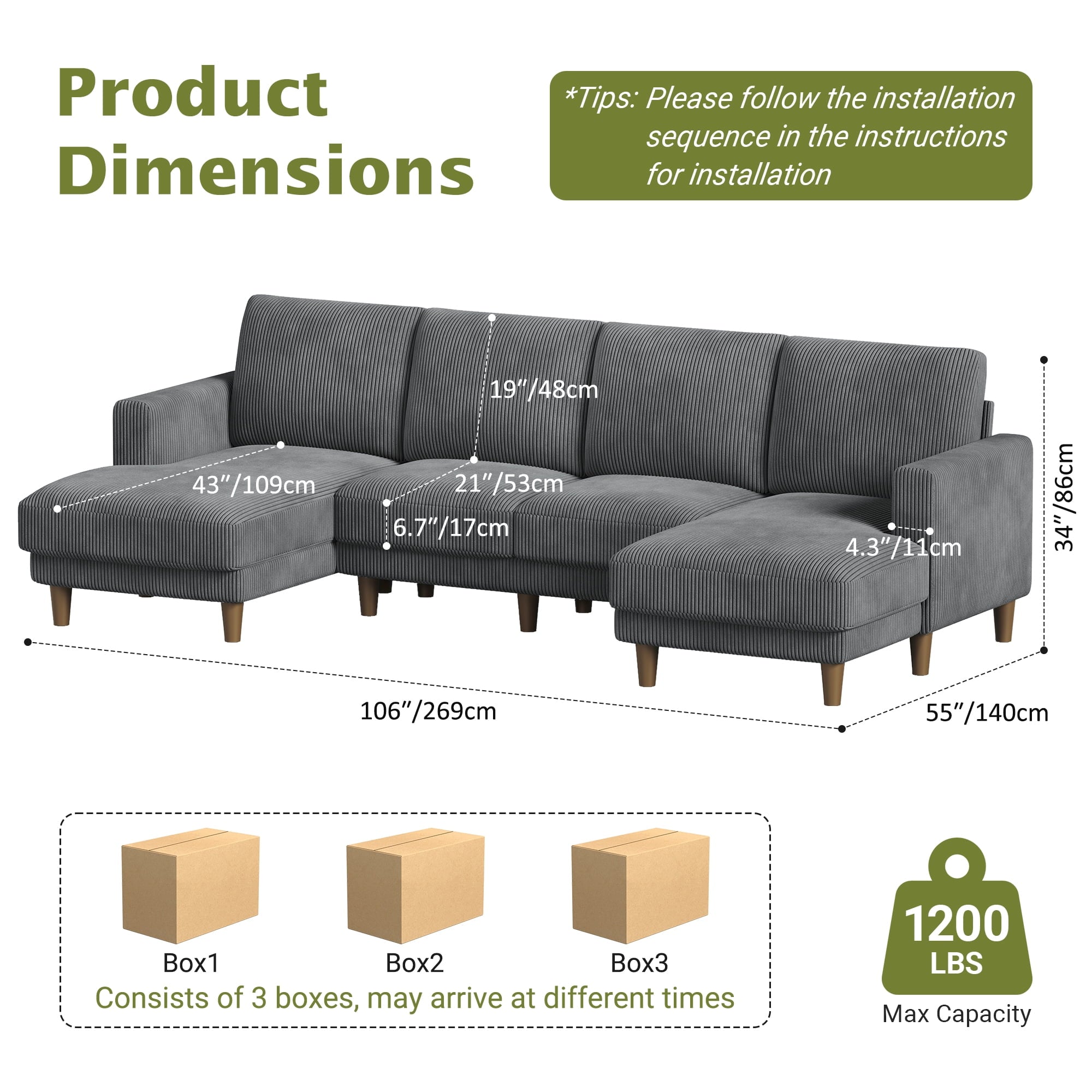 87 Corduroy Sofa,3 Seater Sofa with Extra Deep Seats,Neche Comfy Upholstered Couch for Living Room,2 Pillows,Green