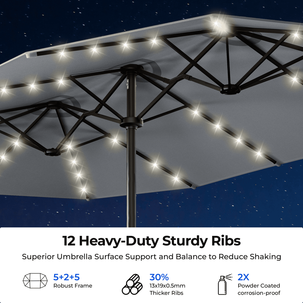 15ft Smart Electric Patio Umbrella, Large Double Sided Rectangular Outdoor Patio Umbrella with Light and Base for Lawn, Garden, Backyard,Beige
