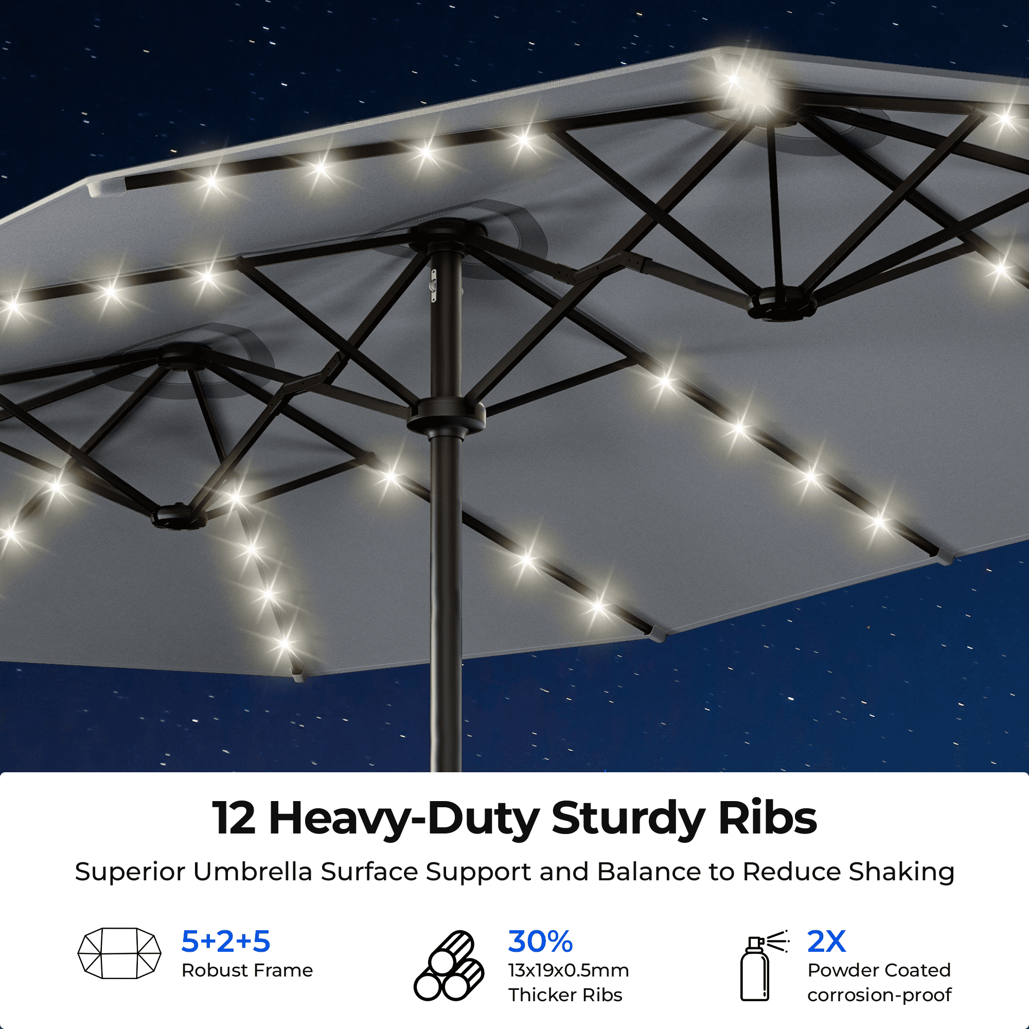 15ft Smart Electric Patio Umbrella, Large Double Sided Rectangular Outdoor Patio Umbrella with Light and Base for Lawn, Garden, Backyard,Beige