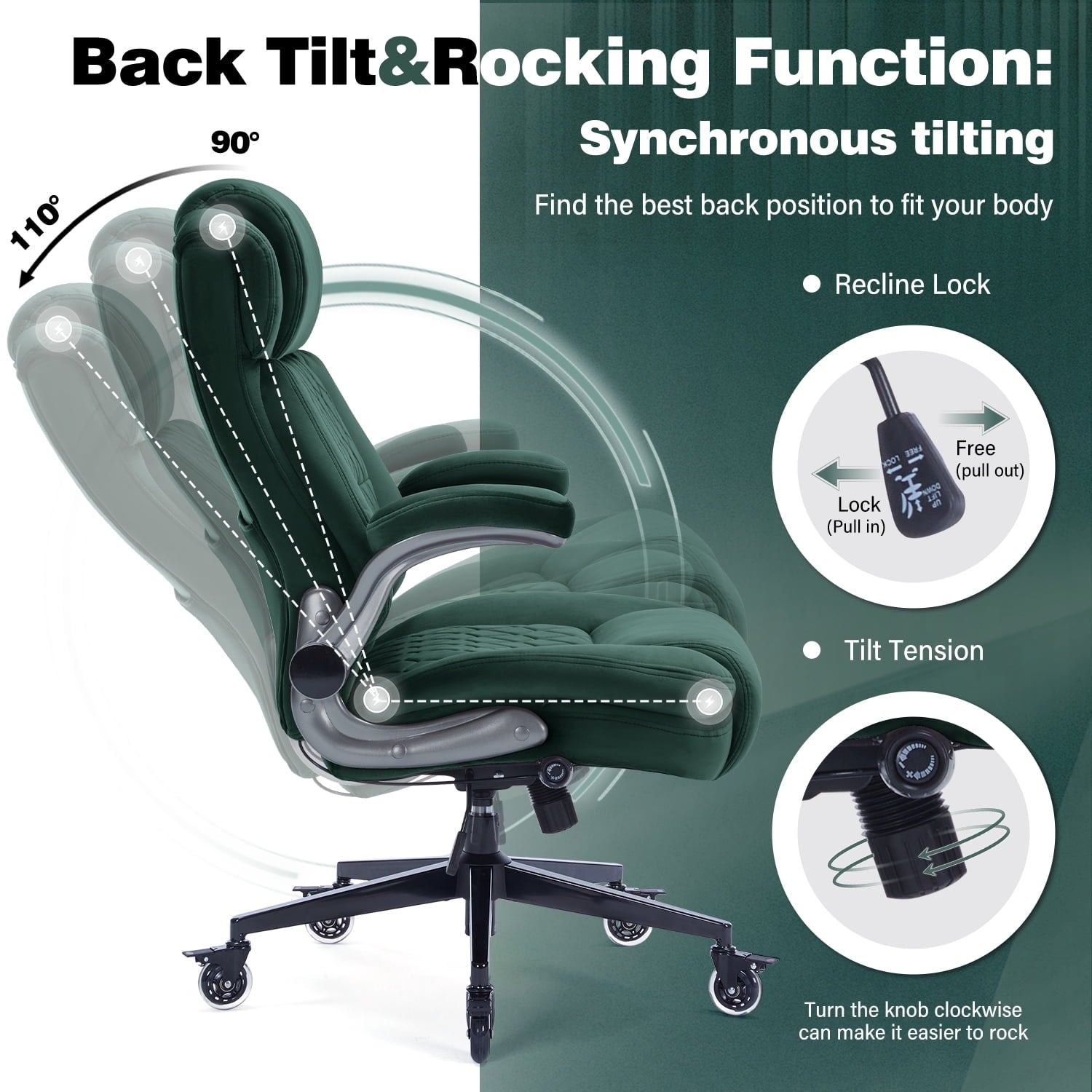 High Back Office Chair with Lockable Wheels, 400lbs Large Fabric Executive Desk Chair, Adjustable Lumbar Support Flip up Arms, Ergonomic Home Office Computer Chair with Storage Pocket, Black