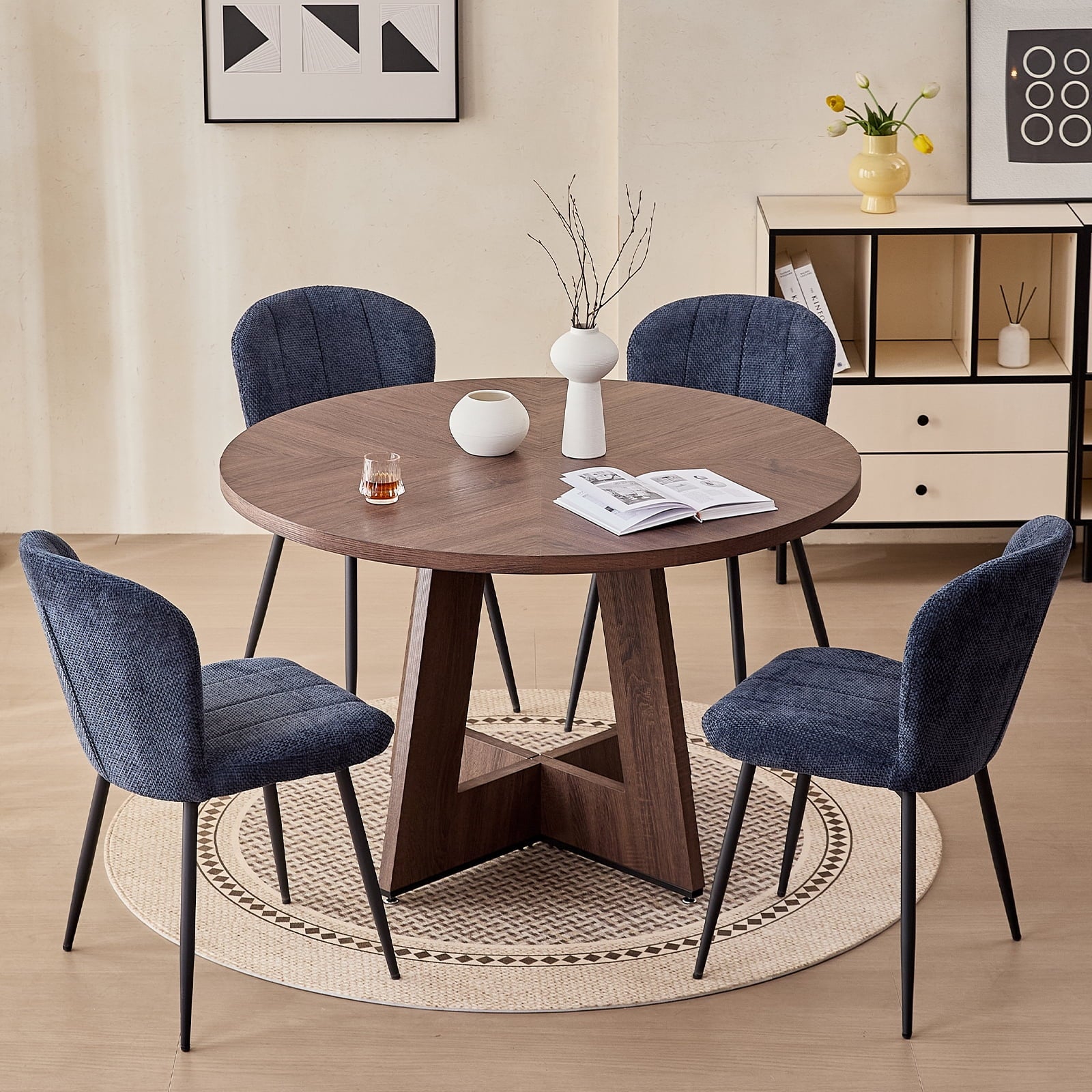 5 Piece 47'' Round Dining Table Chairs Set for 4, Farmhouse Oak Kitchen Table with 4 Boucle Mid Century Modern Dinning Room Chairs, Wood Dinner Table &Upholstered Chair Set of 4, Beige
