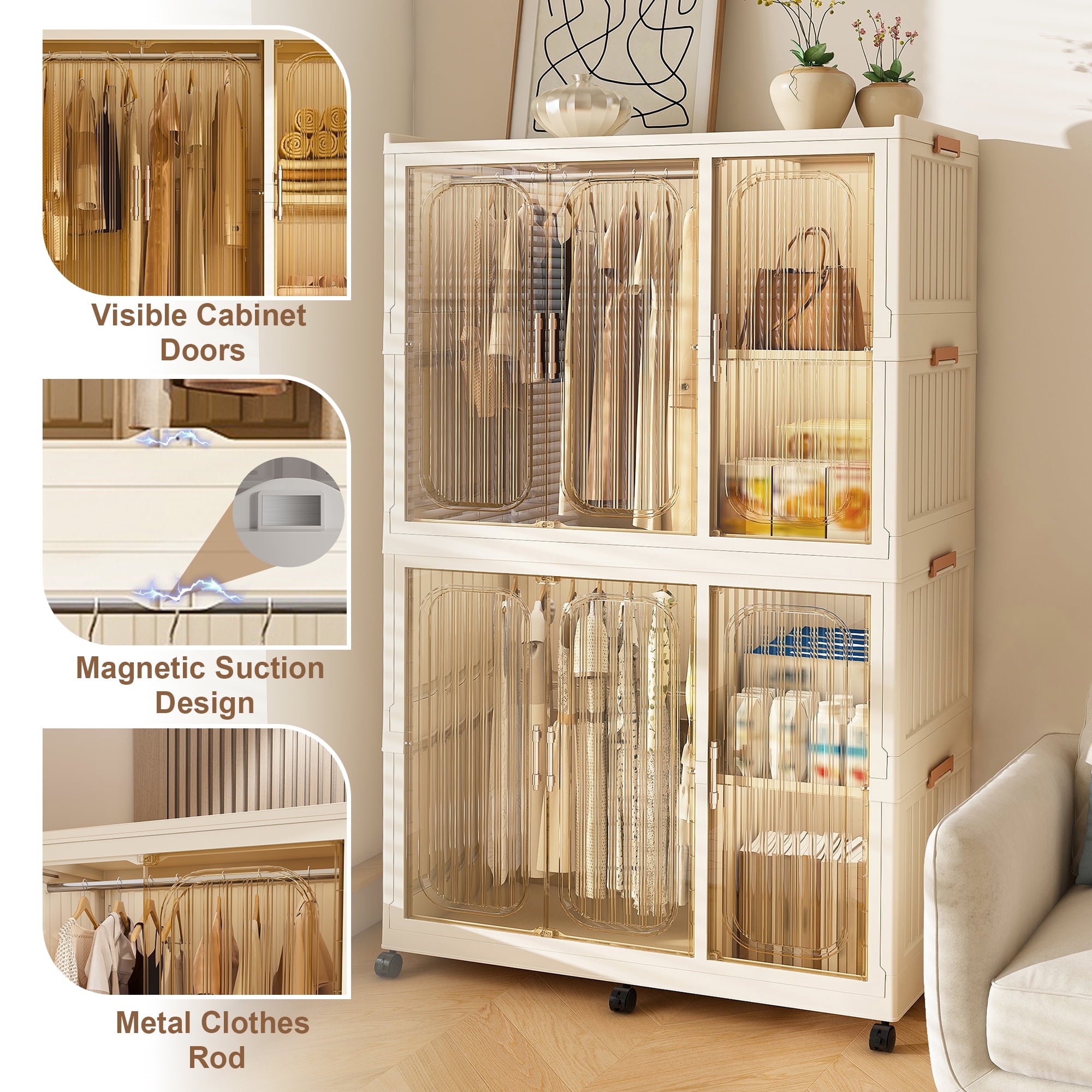 Garmic 62 Foldable Storage Wardrobe with Wheels, Portable Closet Organizer with 6 Magnetic Doors & 2 Hanging Rod, Plastic Armoire for Clothes Toys Books, White
