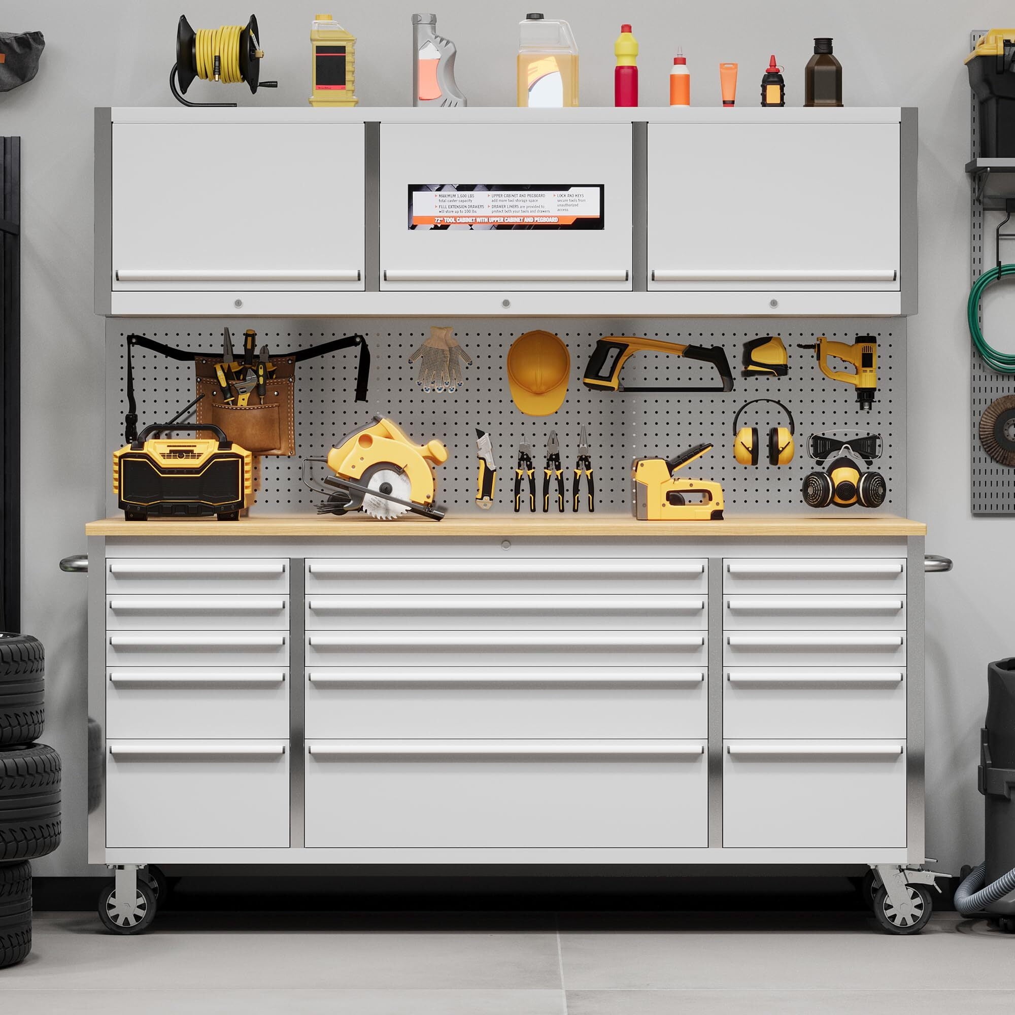 Garvee 61 Tool Chest, Rolling Workbenches with 9 Drawers and Pre-Installed Power Strip for Garage, Workshop, Kitchen
