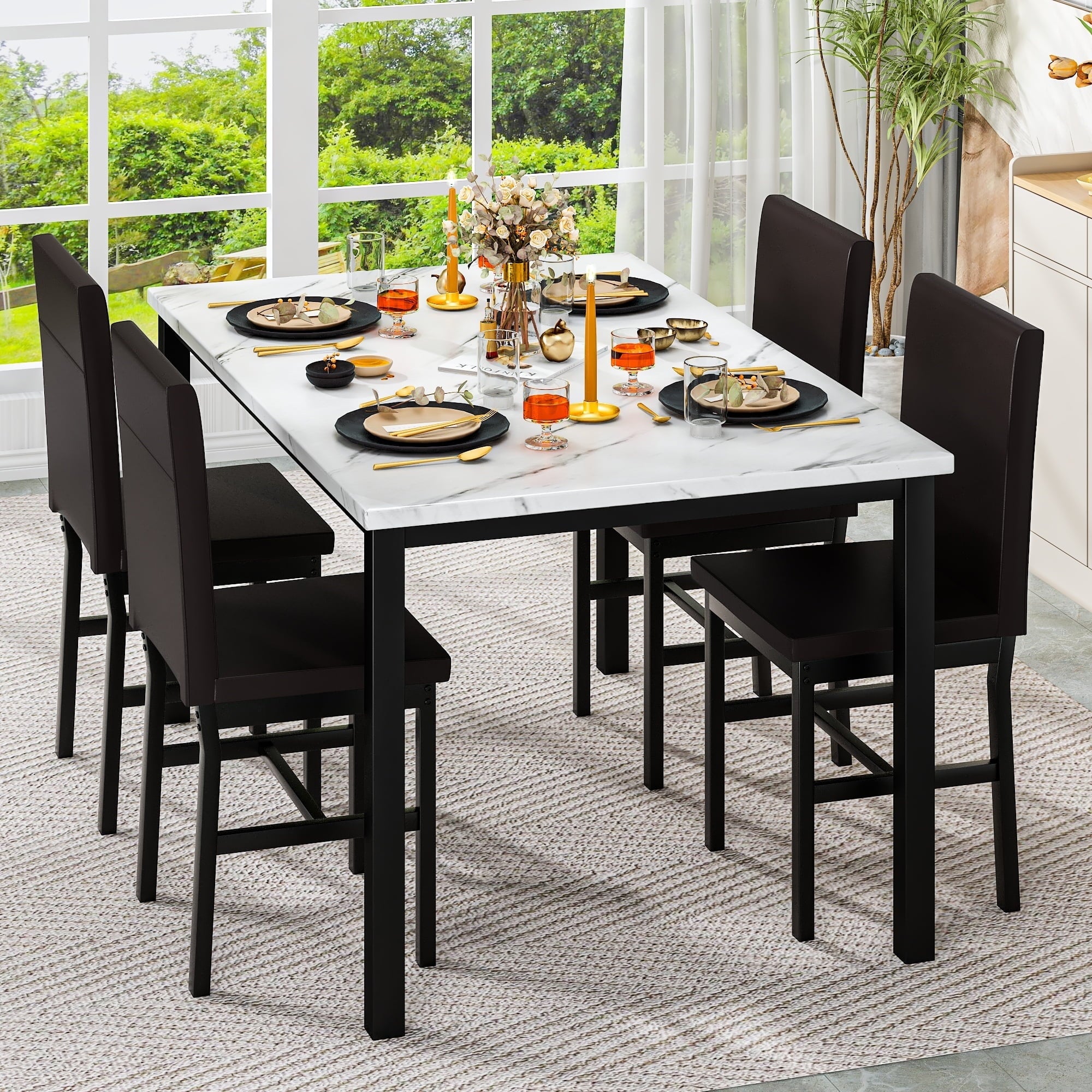 AWQM 5 Piece Dining Table Set, Faux Marble Kitchen Table and Chairs for 4, Dining Room Table Set with 4 PU Leather Chairs, White