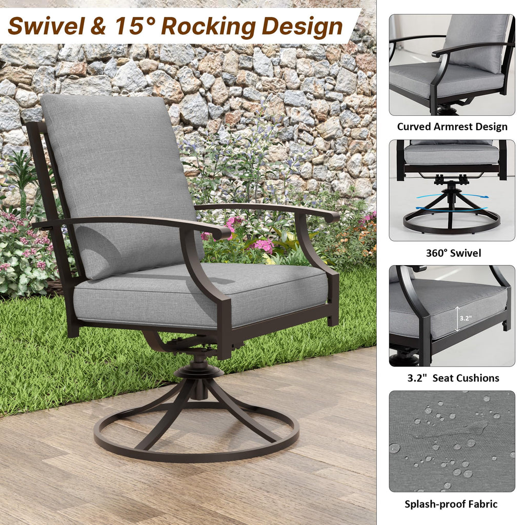 ALAULM 10 Piece Patio Dining Set w/14FT Umbrella, Metal Outdoor Furniture Set w/Rectangular table, 6 Fixed Chairs and 2 swivel rocking chairs for Patio, Backyard, Garden, Poolside（Grey）