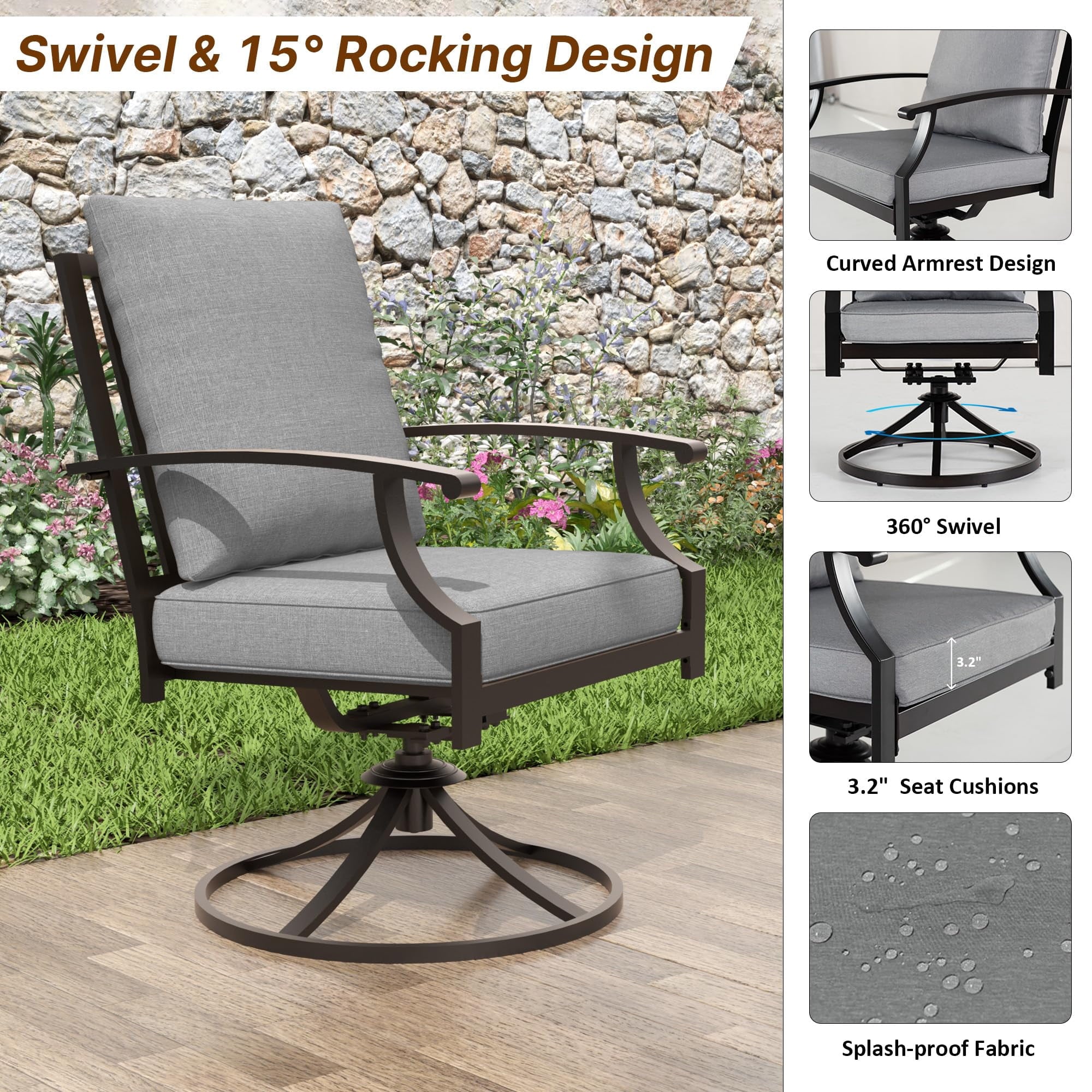 ALAULM 10 Piece Patio Dining Set w/14FT Umbrella, Metal Outdoor Furniture Set w/Rectangular table, 6 Fixed Chairs and 2 swivel rocking chairs for Patio, Backyard, Garden, Poolside（Grey）