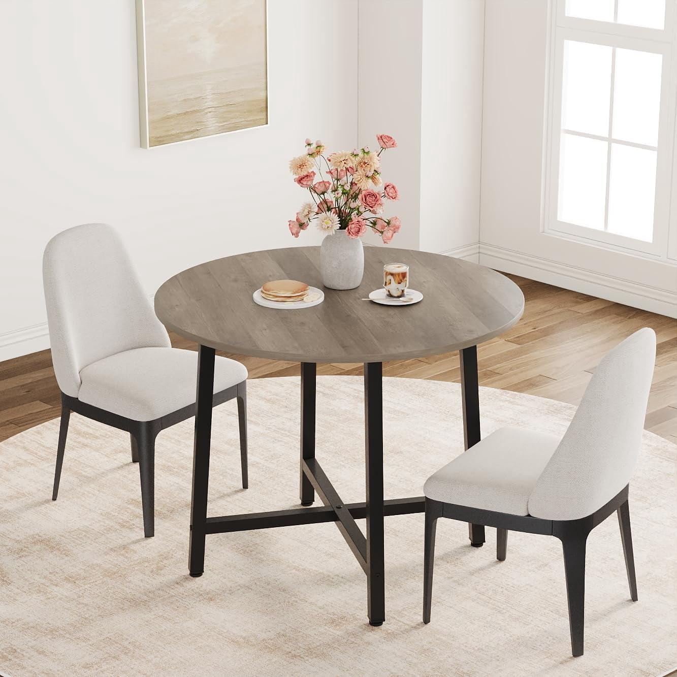 31.5 Round Dining Table for 4 People, Modern Wood Circle Kitchen Table with Sturdy Industrial Metal Frame, Small Space Saving Dining Room Table for Apartment & Breakfast Nook, (No Chairs), Walnut