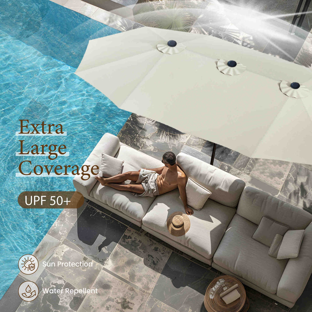 SUMMIT LIVING 15 ft Large Patio Umbrella with Base (Included) Double-Sided Rectangular Outdoor Deck Umbrella for Outside - Beige