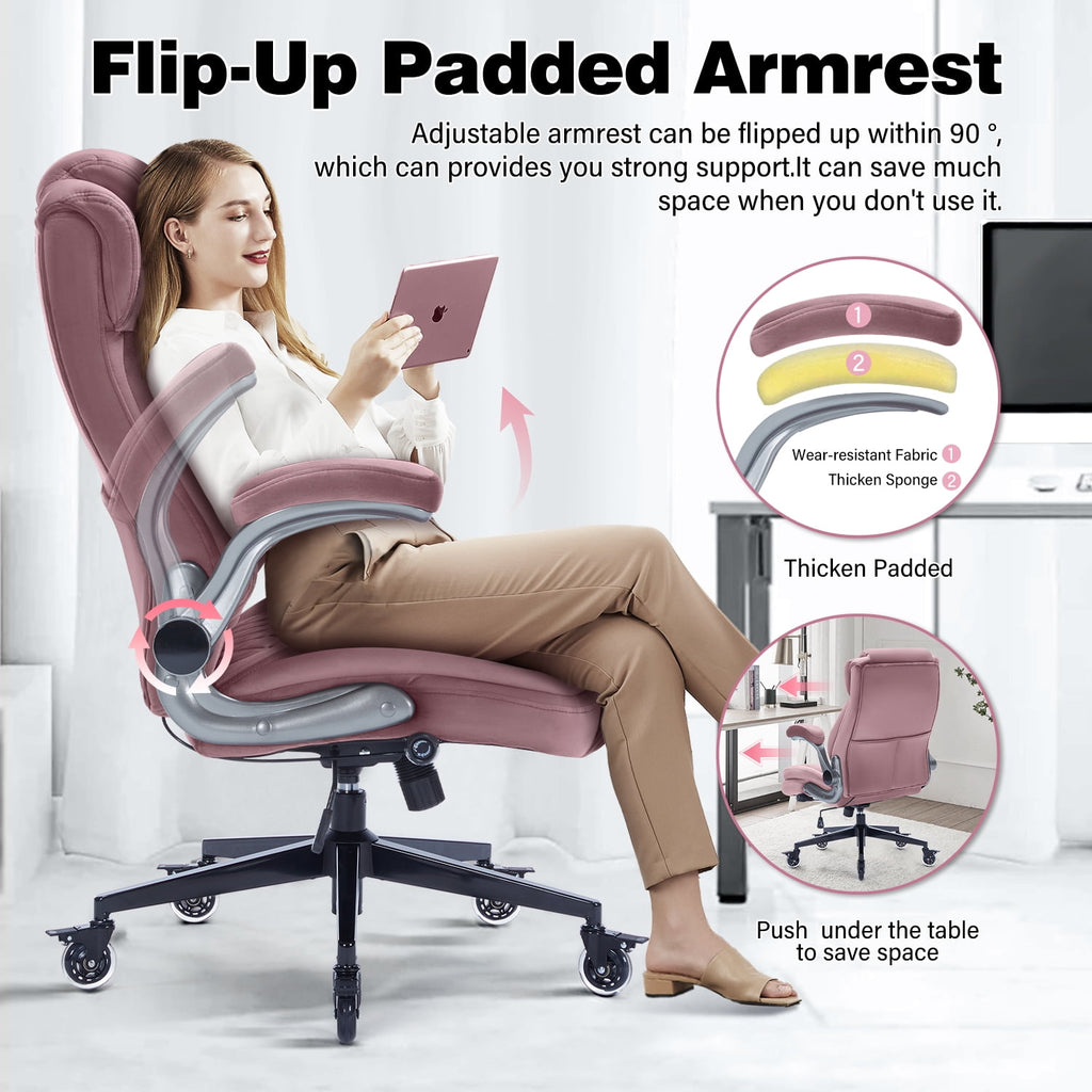 High Back Office Chair with Lockable Wheels, 400lbs Large Fabric Executive Desk Chair, Adjustable Lumbar Support Flip up Arms, Ergonomic Home Office Computer Chair with Storage Pocket, Black