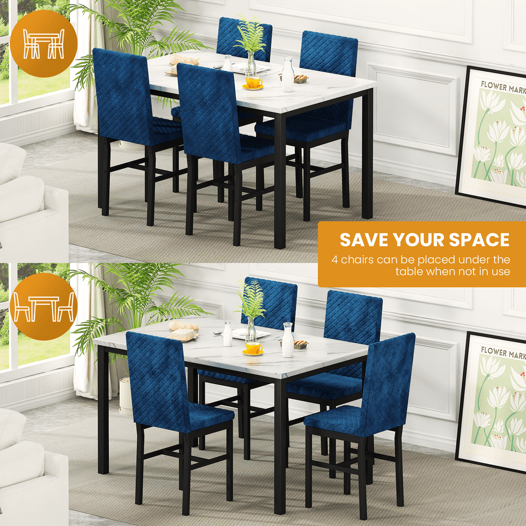 Cvortll 5 Piece Dining Table Set, Kitchen Table and Chairs Set for 4 with Faux Marble and 4 Velvet Upholstered Dining Chairs for Home, Restaurant, Black & Black
