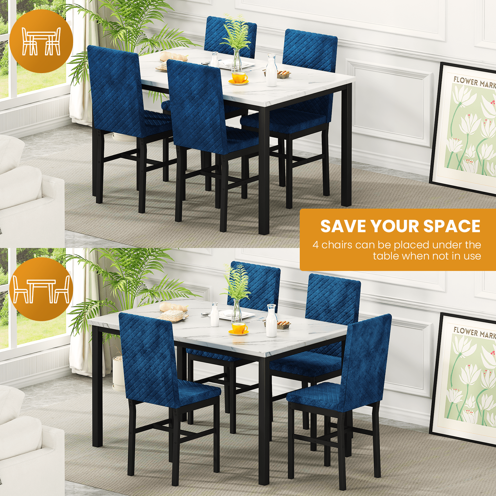 Cvortll 5 Piece Dining Table Set, Kitchen Table and Chairs Set for 4 with Faux Marble and 4 Velvet Upholstered Dining Chairs for Home, Restaurant, Black & Black
