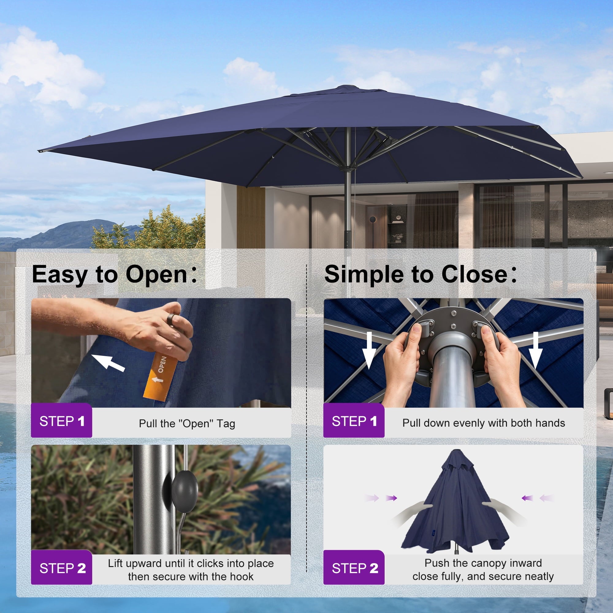PURPLE LEAF OUTDOOR 16 x 16 FT Extra Large Rectangle Patio Market Table Sun Umbrella Heavy-Duty with Semi-Auto Open Maximum Coverage for Restaurant Hotel Resort Cafe Poolside Beige