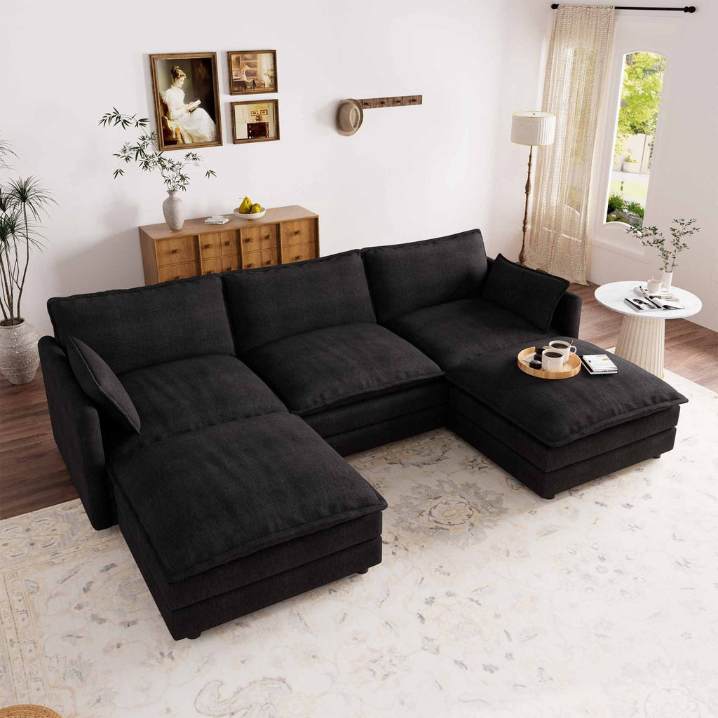 Muumblus Sectional Sofa Cloud Couch with Reversible Ottoman, L-Shaped Chenille Sofa for Living Rooms, Beige
