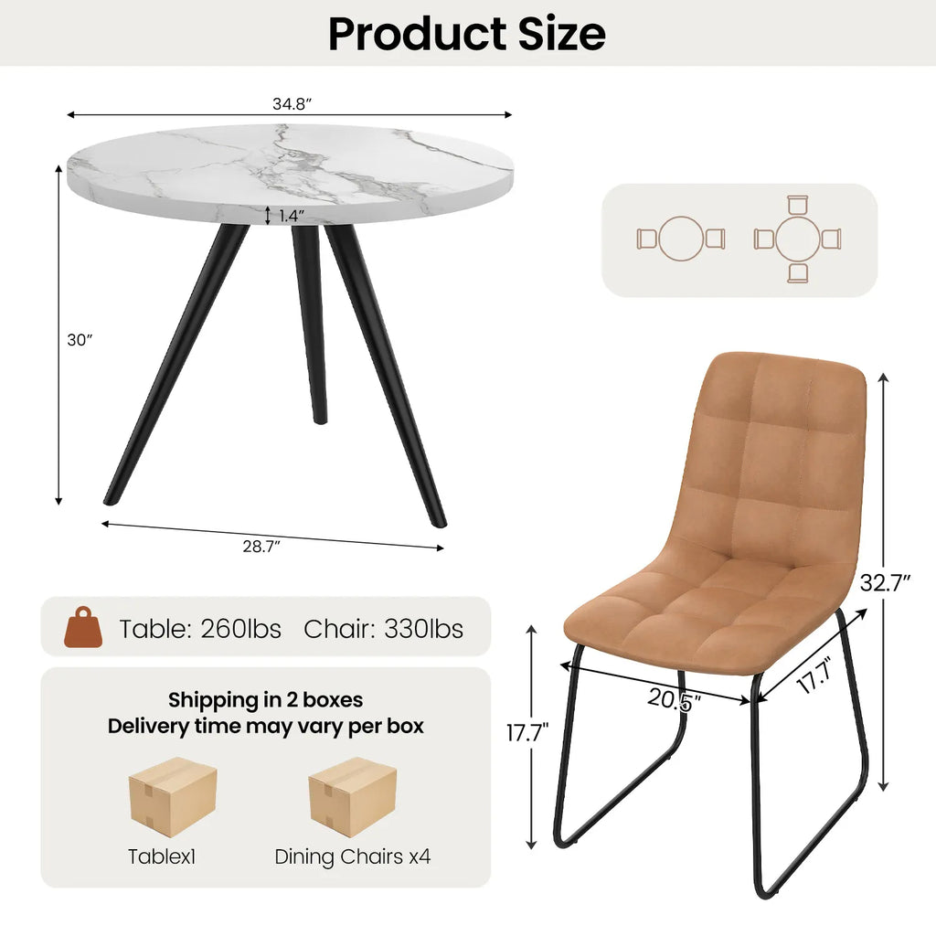 34.8 Round Dining Table for 4 People, Modern Circle Kitchen Table with Metal Legs for Kitchen, Dining Room, Apartment,Gray