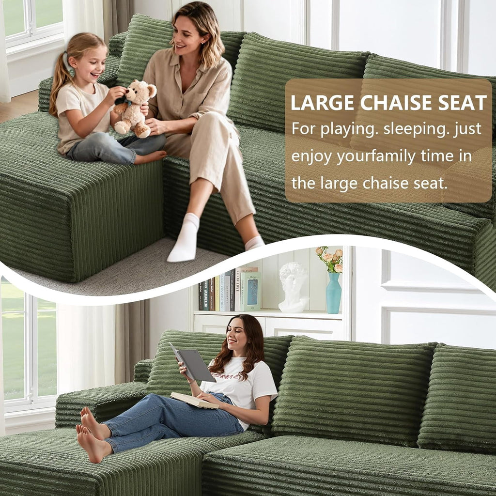 96 Boneless Cloud Couch with Chaise, Modular Sectional Sofa for Living Room, No Assembly Required, Deep Seat Corduroy Couch, Green