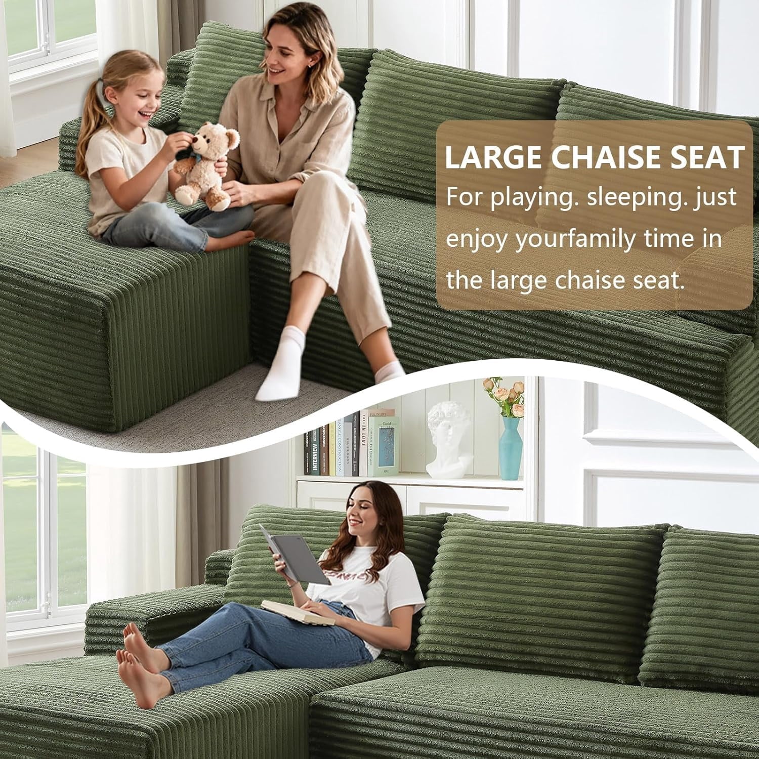 96 Boneless Cloud Couch with Chaise, Modular Sectional Sofa for Living Room, No Assembly Required, Deep Seat Corduroy Couch, Green