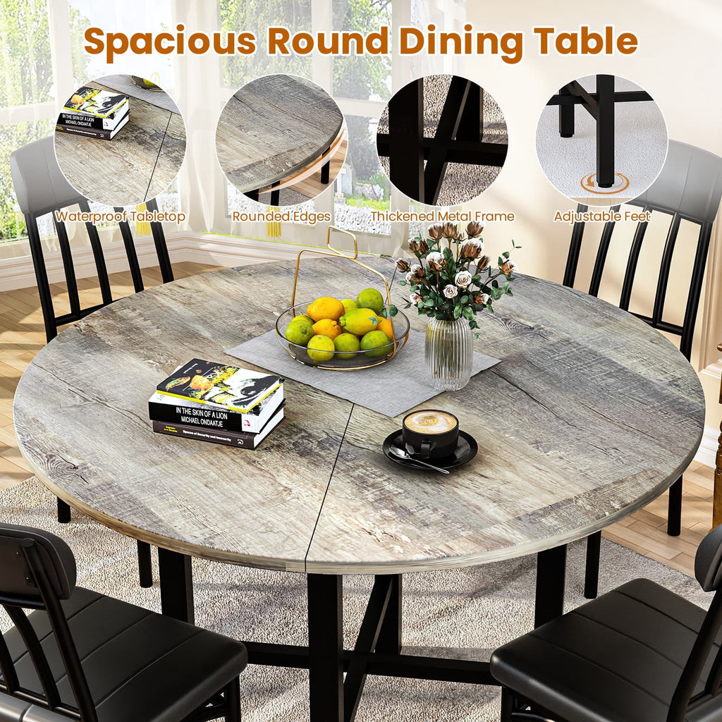 MIERES Round Dining Table Set for 4,Wood Round Kitchen Table and Chairs Set for 4,Modern Dining Room Table Set with 4 Faux Leather Chairs,Round Dinner Table for Small Space Gray