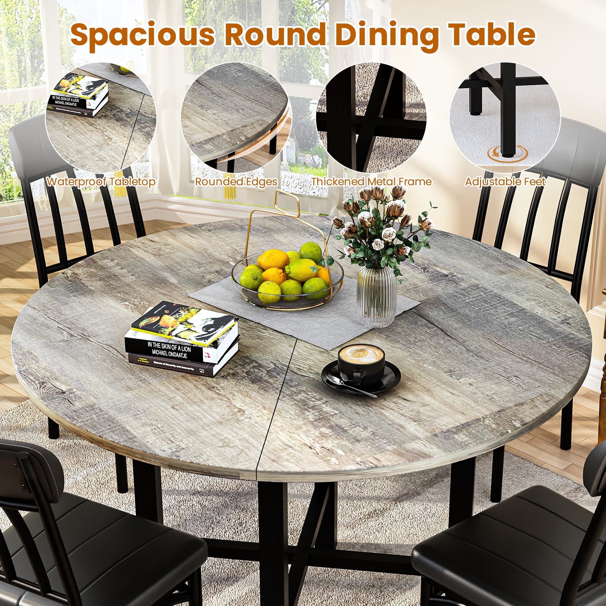 MIERES Round Dining Table Set for 4,Wood Round Kitchen Table and Chairs Set for 4,Modern Dining Room Table Set with 4 Faux Leather Chairs,Round Dinner Table for Small Space Gray