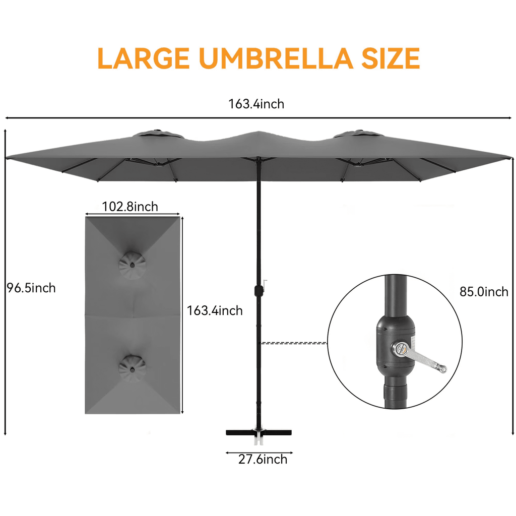ALAULM 10 Piece Patio Dining Set w/14FT Umbrella, Metal Outdoor Furniture Set w/Rectangular table, 6 Fixed Chairs and 2 swivel rocking chairs for Patio, Backyard, Garden, Poolside（Grey）