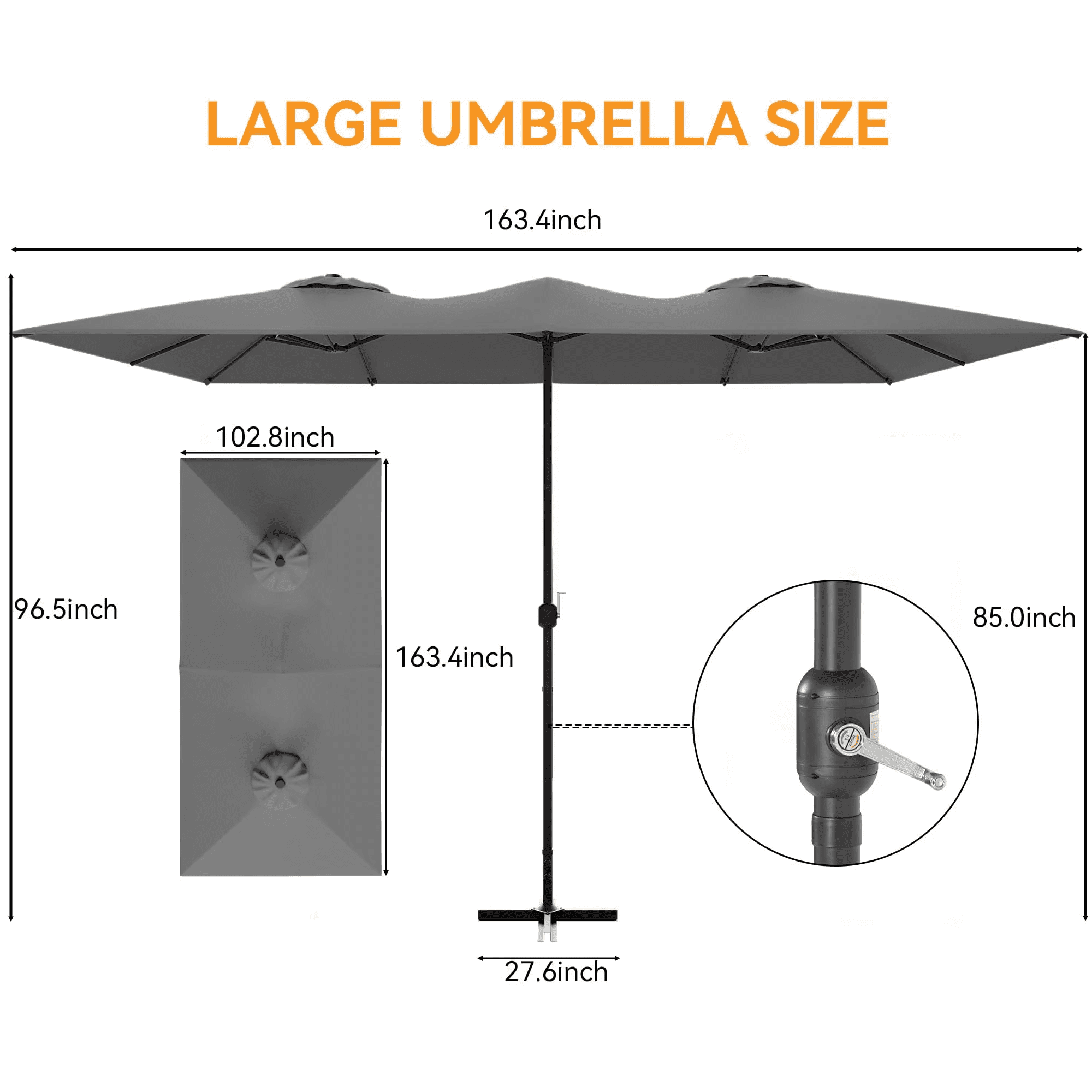 ALAULM 10 Piece Patio Dining Set w/14FT Umbrella, Metal Outdoor Furniture Set w/Rectangular table, 6 Fixed Chairs and 2 swivel rocking chairs for Patio, Backyard, Garden, Poolside（Grey）