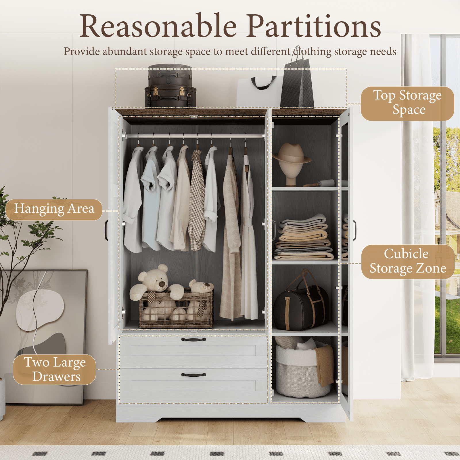 Brafabhome 71H Armoire Wardrobe Closet with 2 Drawers, Farmhouse 2 Doors Armoire Cabinet with Hanging Rod, Modern Freestanding Wardrobe Clothes Cabinet for Bedroom | Gray