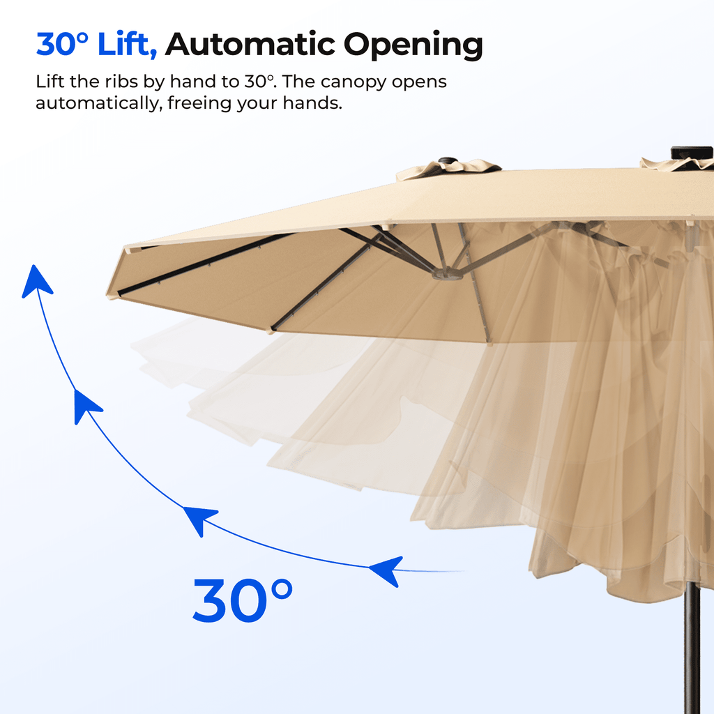 15ft Smart Electric Patio Umbrella, Large Double Sided Rectangular Outdoor Patio Umbrella with Light and Base for Lawn, Garden, Backyard,Beige