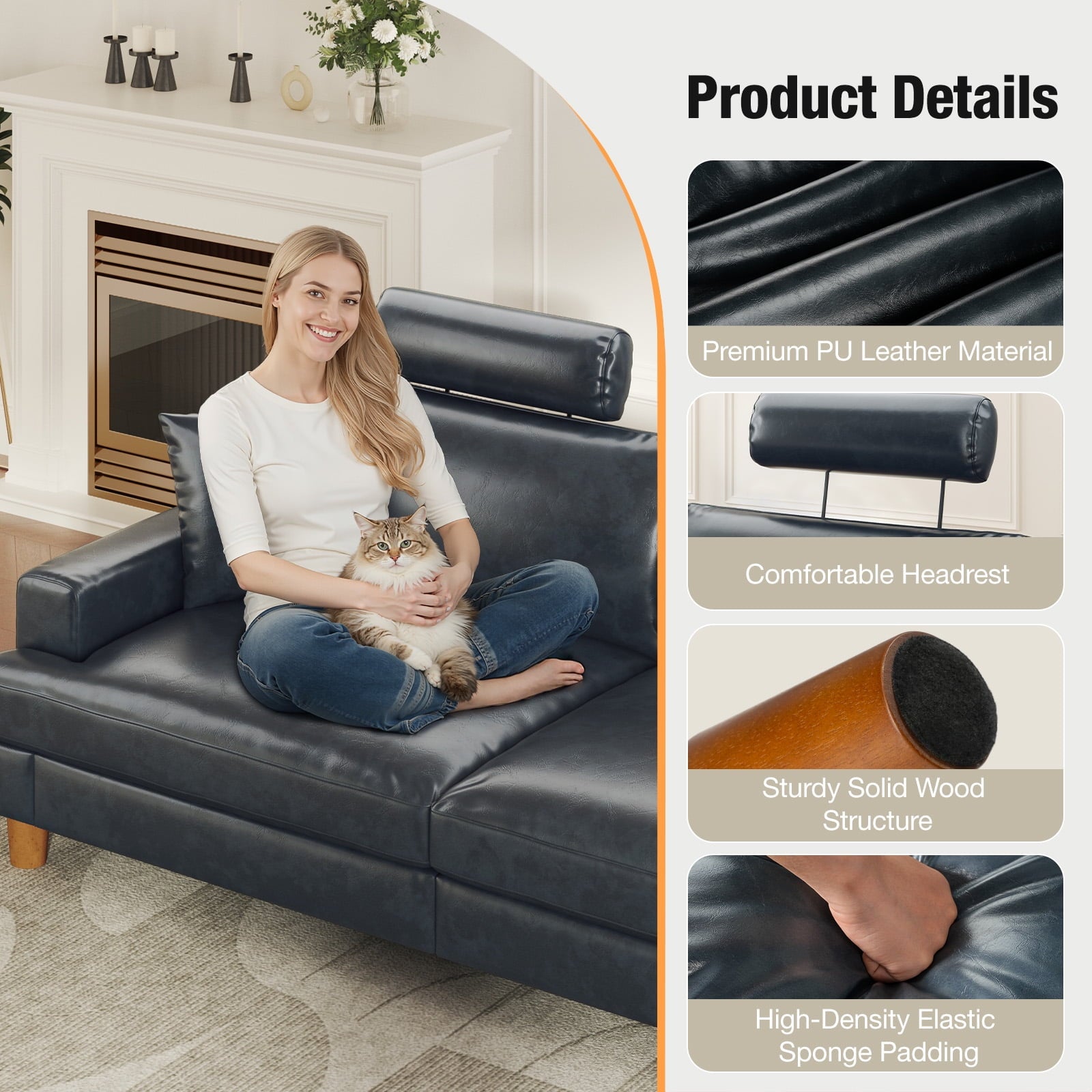 87 Sofa Premium PU Leather Couch with Headrest, Comfy 27 Extra Deep Seat 3 Seater Sofa for Living Room, Includes 2 Pillows, Black