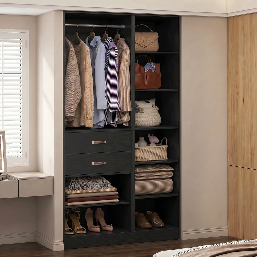 Homieasy 39.4'' W Closet System with Wooden Drawers and Hanging Rods, White
