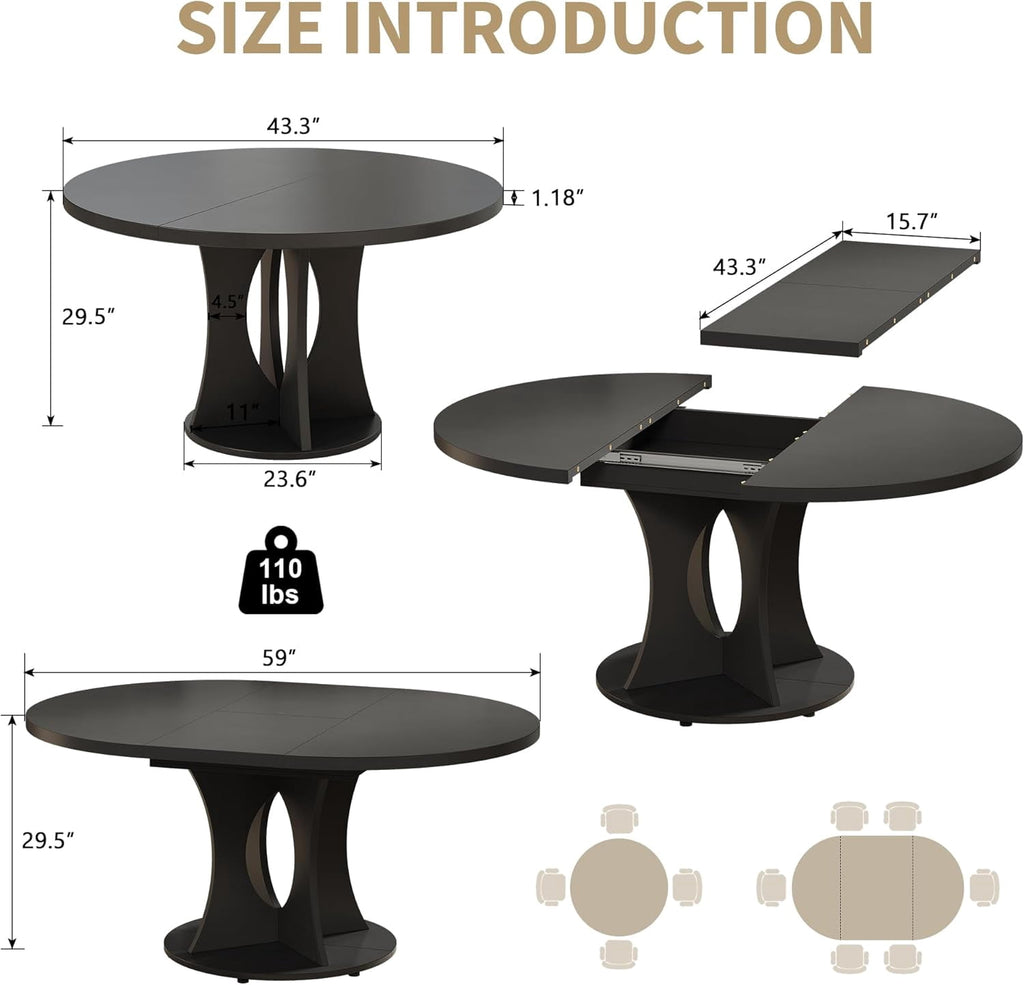 Laisnet 59 Extendable Wooden Dining Table for 8, Modern Kitchen Table with Hidden Storage, Black