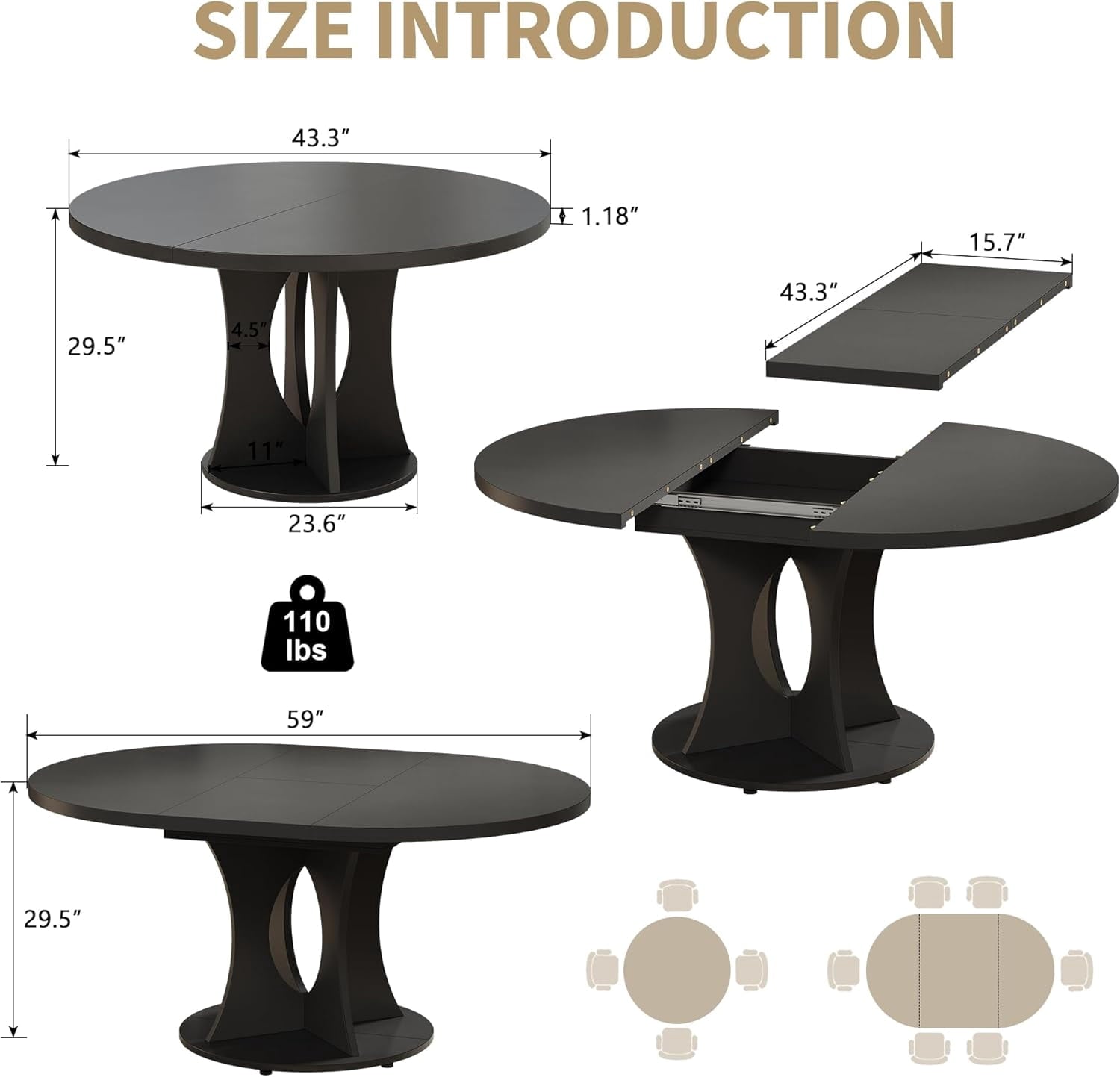 Laisnet 59 Extendable Wooden Dining Table for 8, Modern Kitchen Table with Hidden Storage, Black