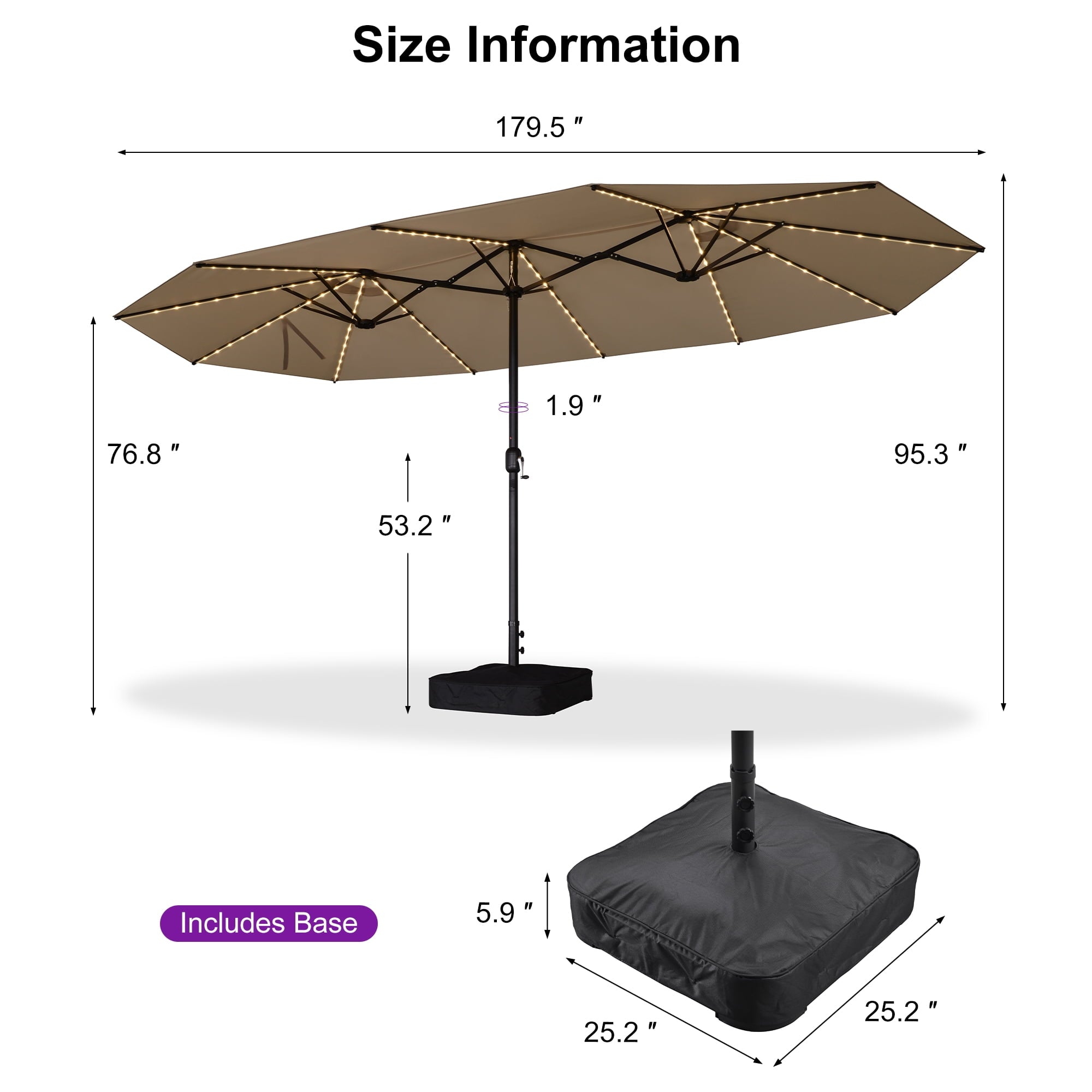 PURPLE LEAF 13ft Market Patio Umbrella with Solar LED and Base Double-Sided Sun Umbrellas for Pool Beach Deck Backyard Taupe