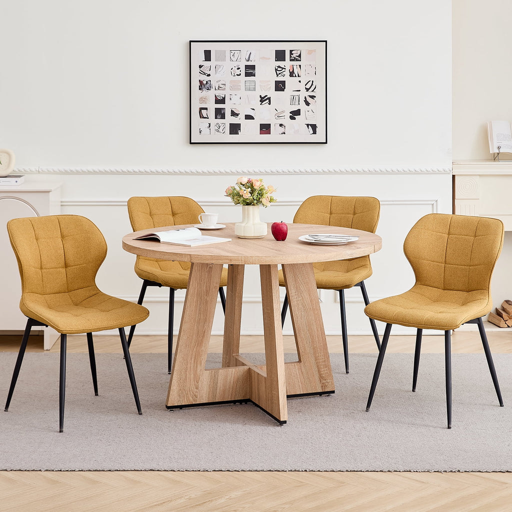 47 Round Dining Table Set for 4 Mid-Century Modern Kitchen Table with 4 Upholstered Chairs Kitchen Coffee Set Dining Table and Chairs for Living Room(Natural Table with 4 Beige Chairs)