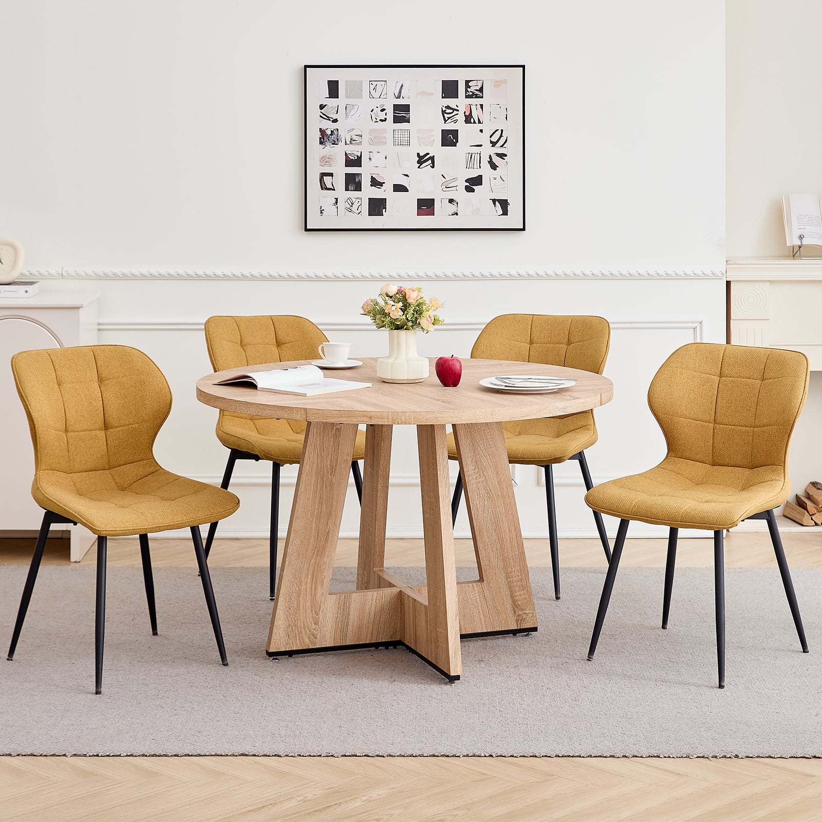 47 Round Dining Table Set for 4 Mid-Century Modern Kitchen Table with 4 Upholstered Chairs Kitchen Coffee Set Dining Table and Chairs for Living Room(Natural Table with 4 Beige Chairs)