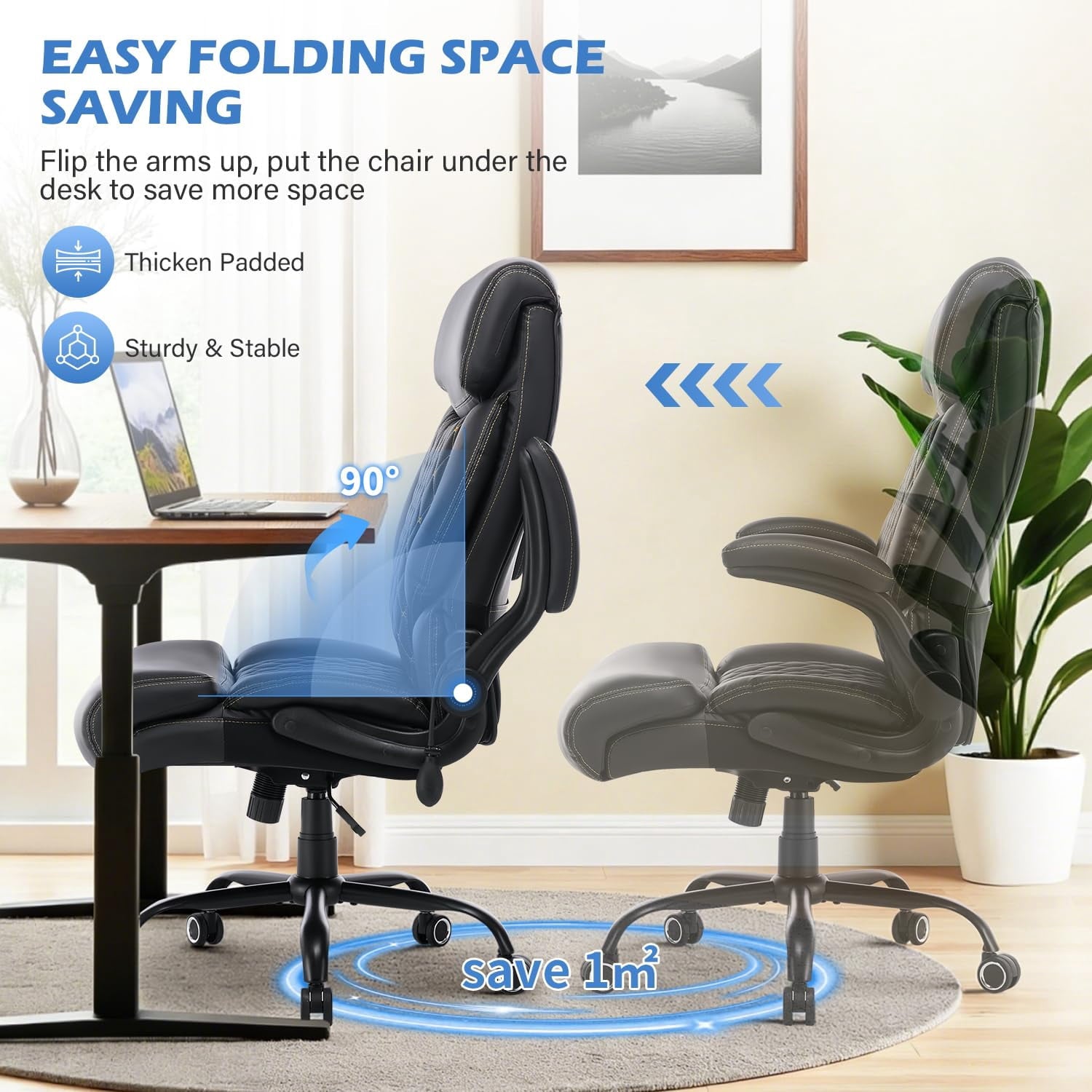 JONPONY Leather Office Chair, Big and Tall 500lbs Ergonomic Desk Chairs with Back Support, Executive Leather Chair with Wheels for Home Office, with Adjustable Padded Armrest & Lumbar Support , Black