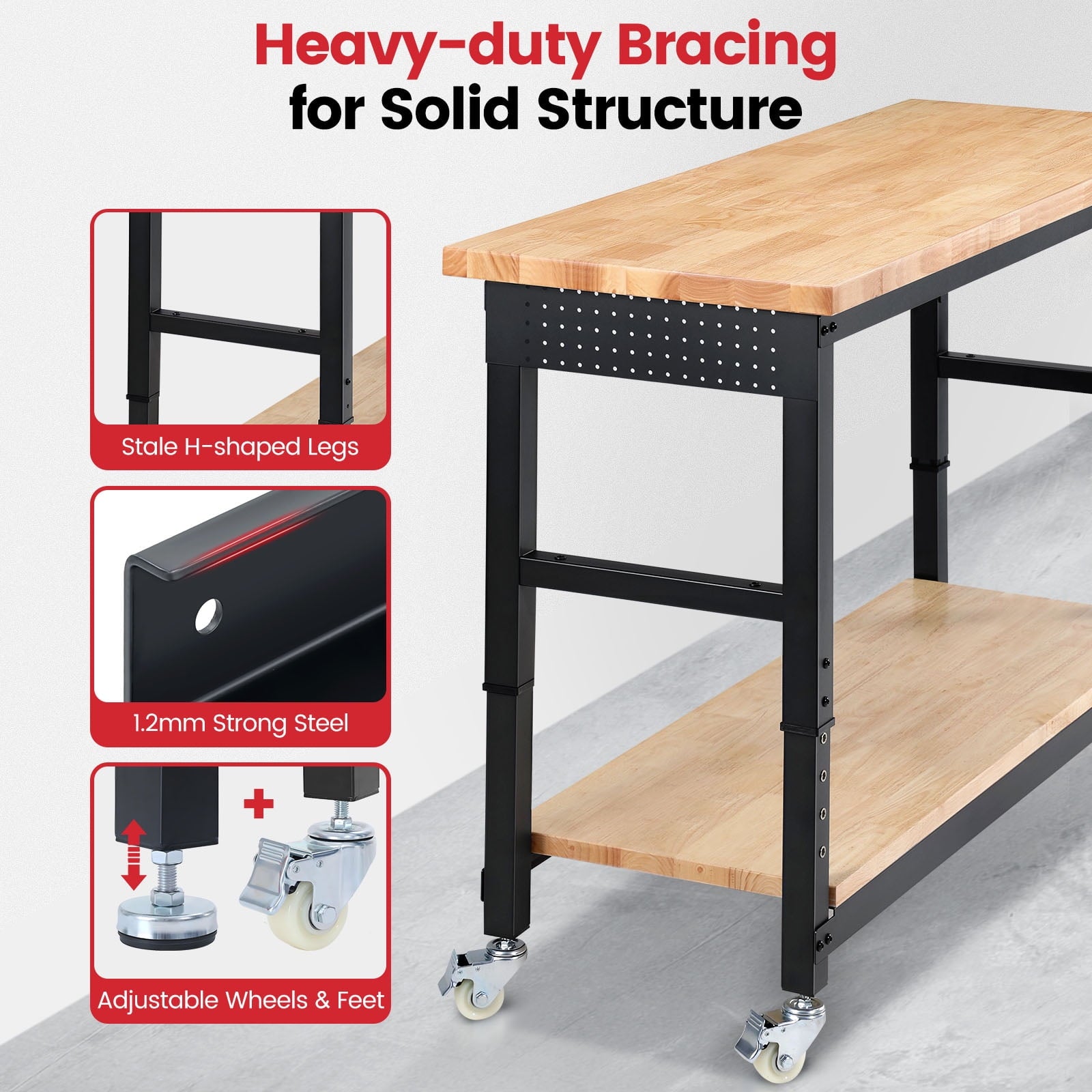 Workbench for Garage,ENJOYWOOD Heavy Duty 48 inch 2 Tier Wood Work Bench with Rolling Wheels and Power Outlets,Rubber Wood Tabletop,2000 LBS Load Bearing Workstation Garage Desk Table Worktable