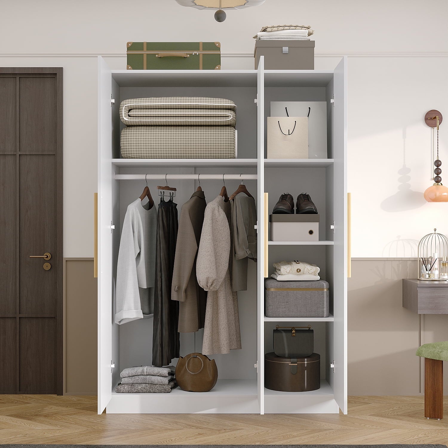 Wiawg 2 Door Wardrobe Armoire,Mirrored Closet Storage with Drawers and Shelves,White