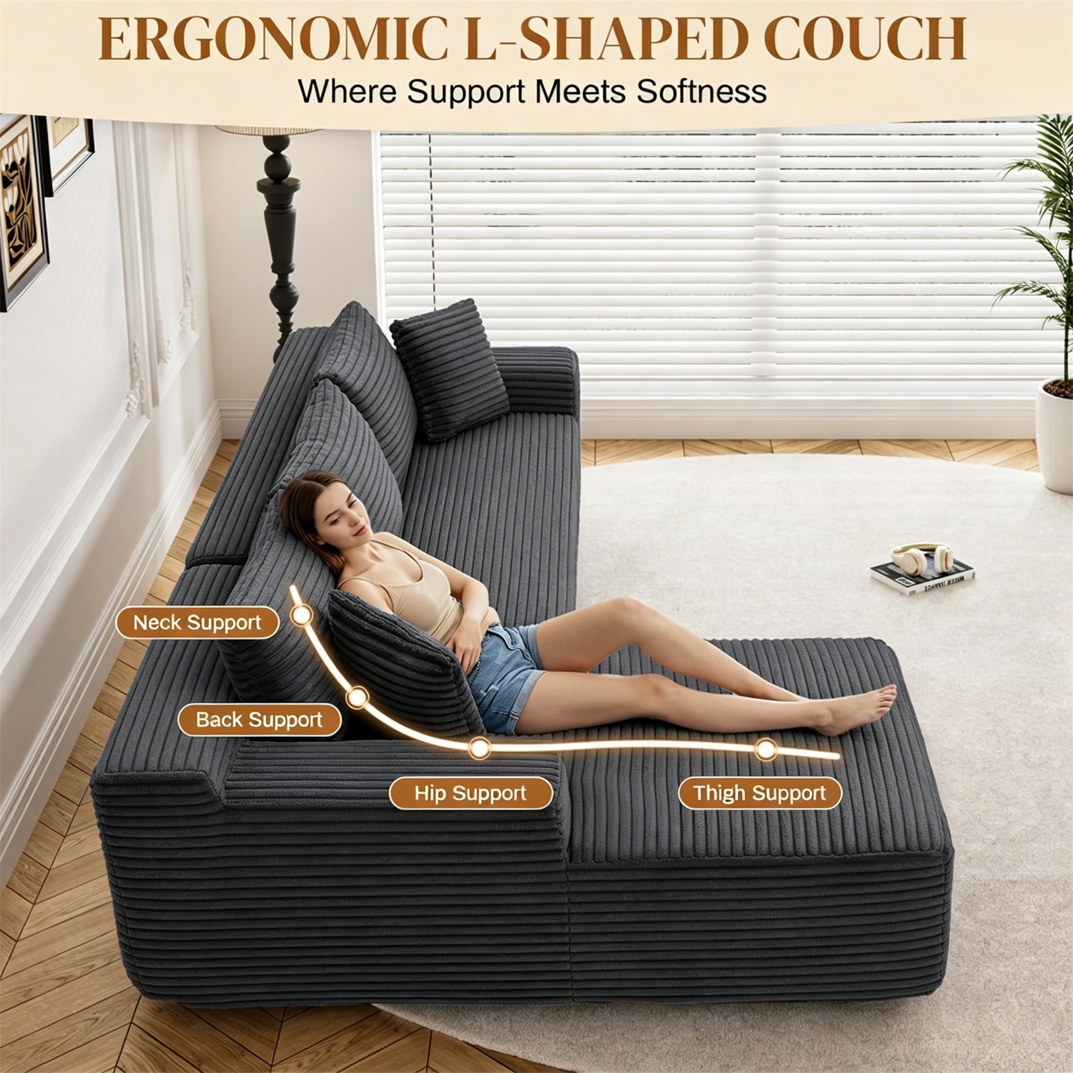 Aukfa 95 Cloud Sectional Sofa Deep Seat Boneless Couch Modular L-Shaped Couch, Left Chaise Corduroy Sofa for Living Room, Black